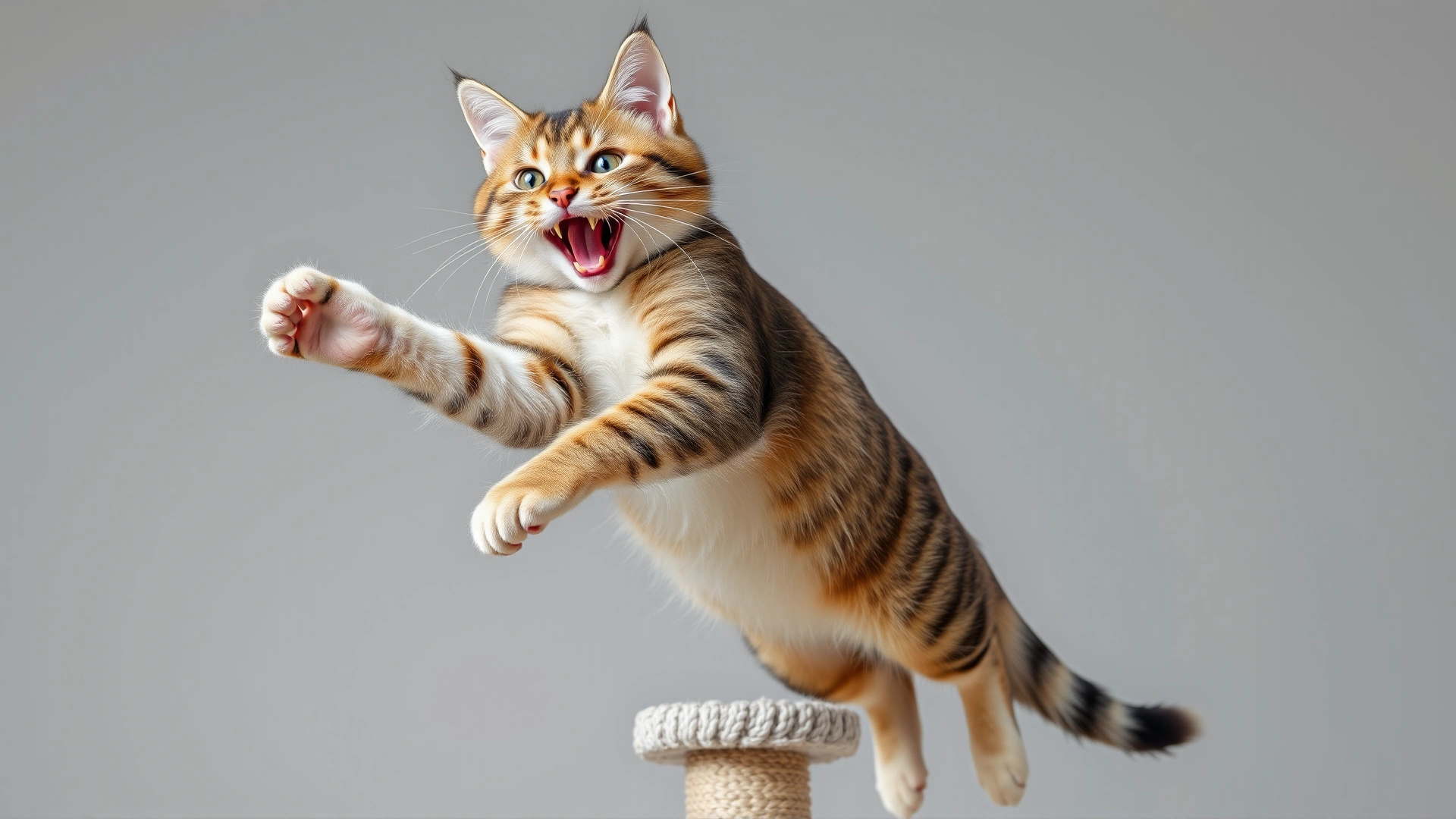 Energetic domestic cat confidently leaping onto a tall cat tree, illustrating full mobility and strength