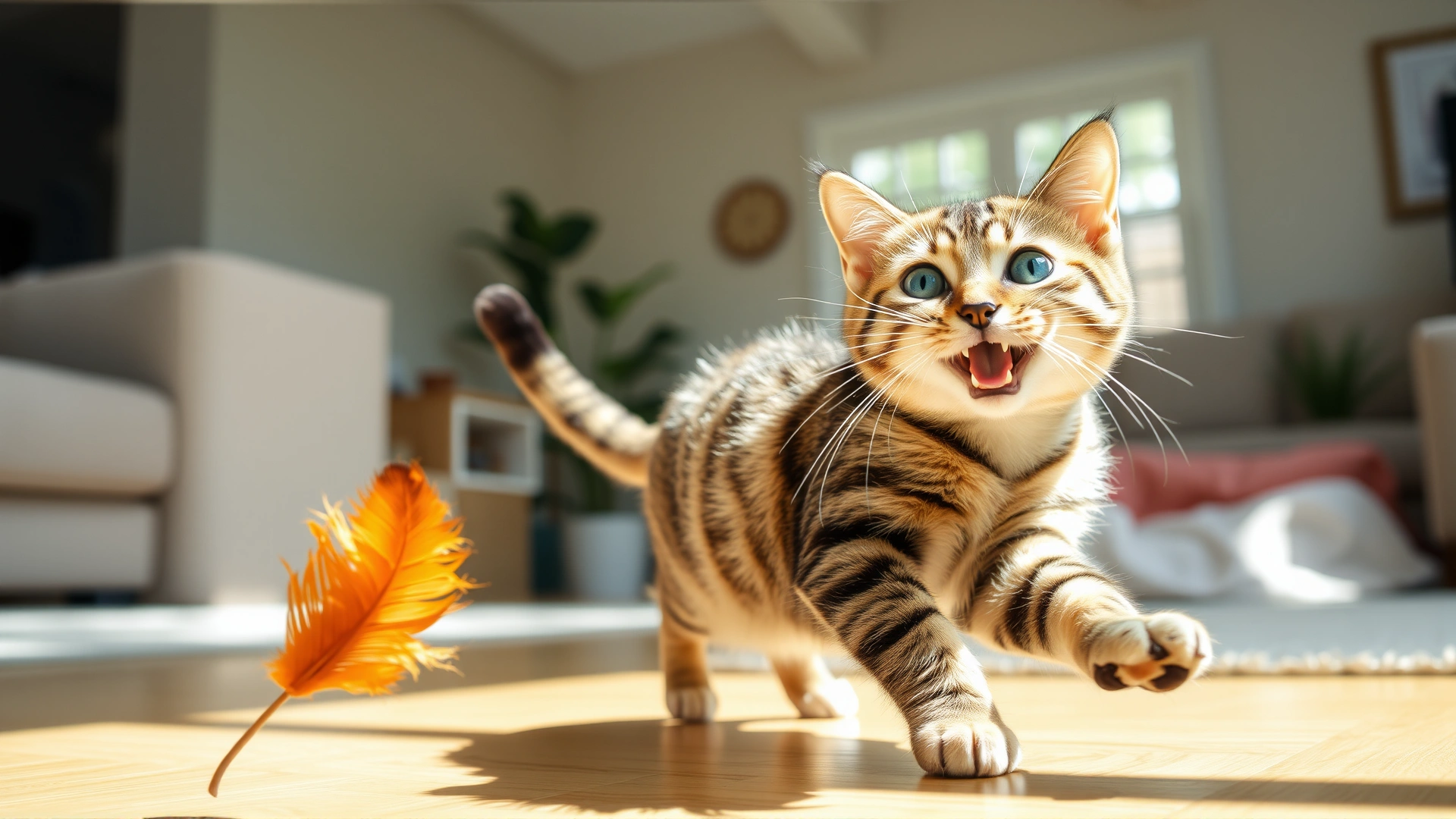 Bright photo of a playful healthy tabby cat chasing a feather toy in a sunlit living room, conveys vitality and wellbeing