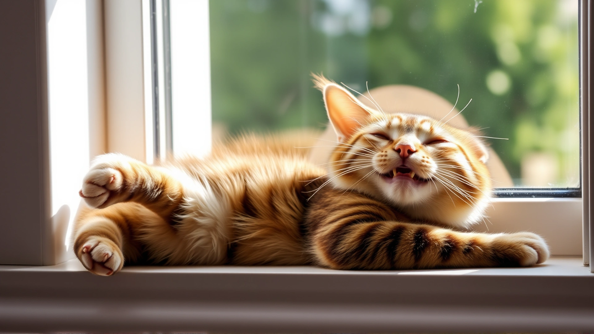 Happy healthy cat stretching on a sunny windowsill, looking relaxed and breathing normally.