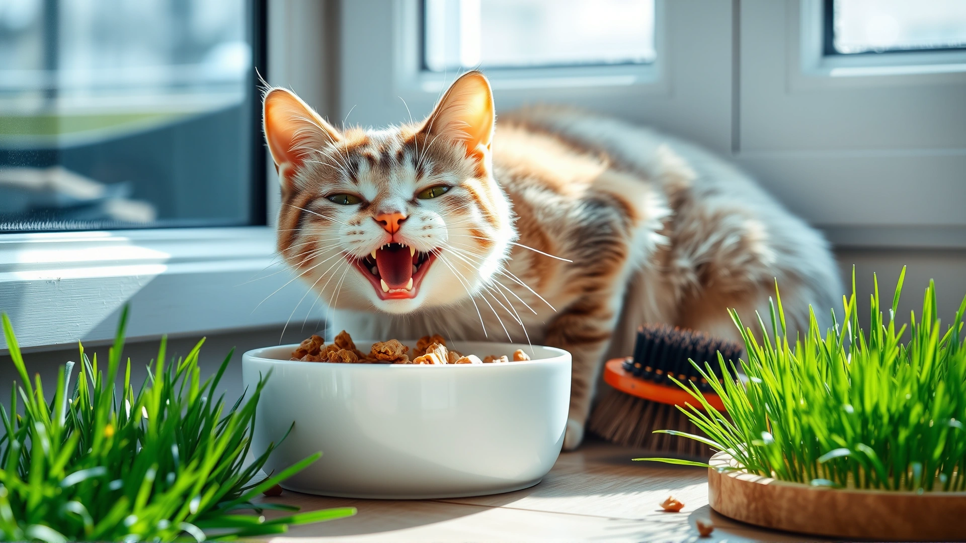 Happy, healthy cat eating from a balanced food bowl next to a brush and cat grass, daylight coming through window.