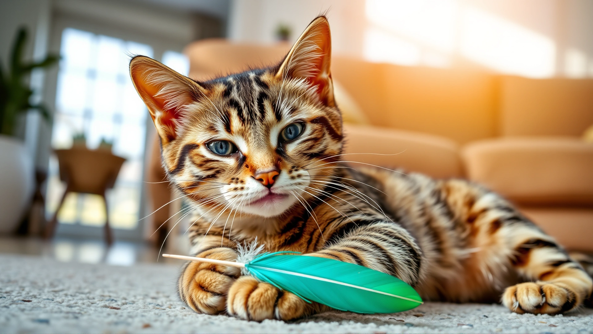 Healthy tabby cat playing with a feather toy in a sunlit living room, symbolizing recovery and prevention