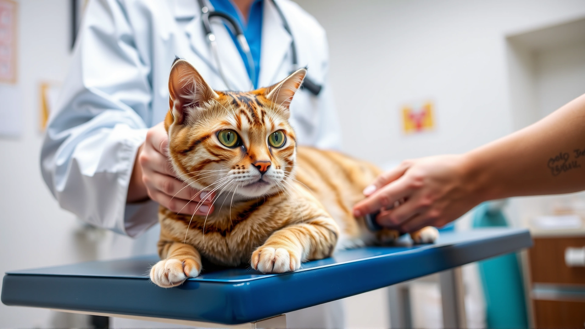Veterinarian examining an American domestic cat on a clinic table, stethoscope visible, bright and clean veterinary clinic setting