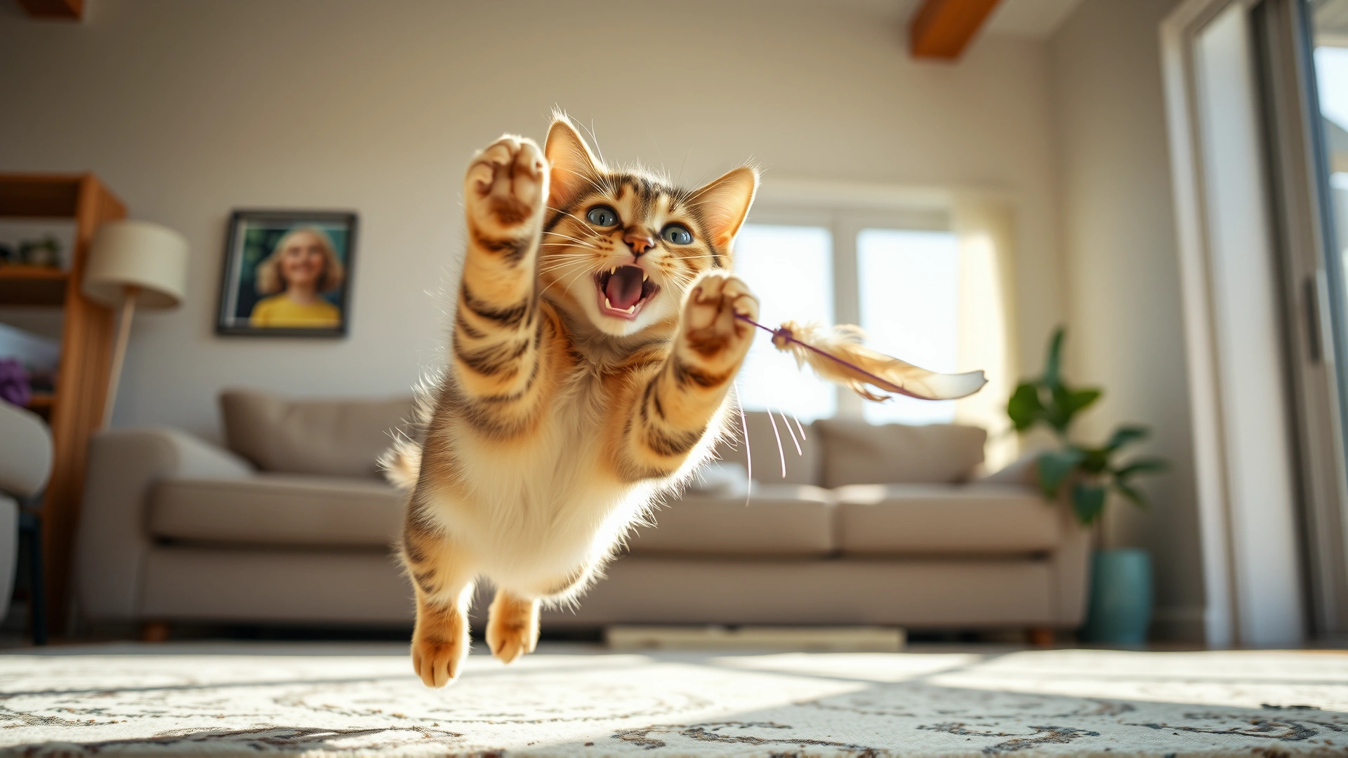 Playful tabby cat jumping after a feather toy in a sunlit living room, conveying vitality and wellness, no text.