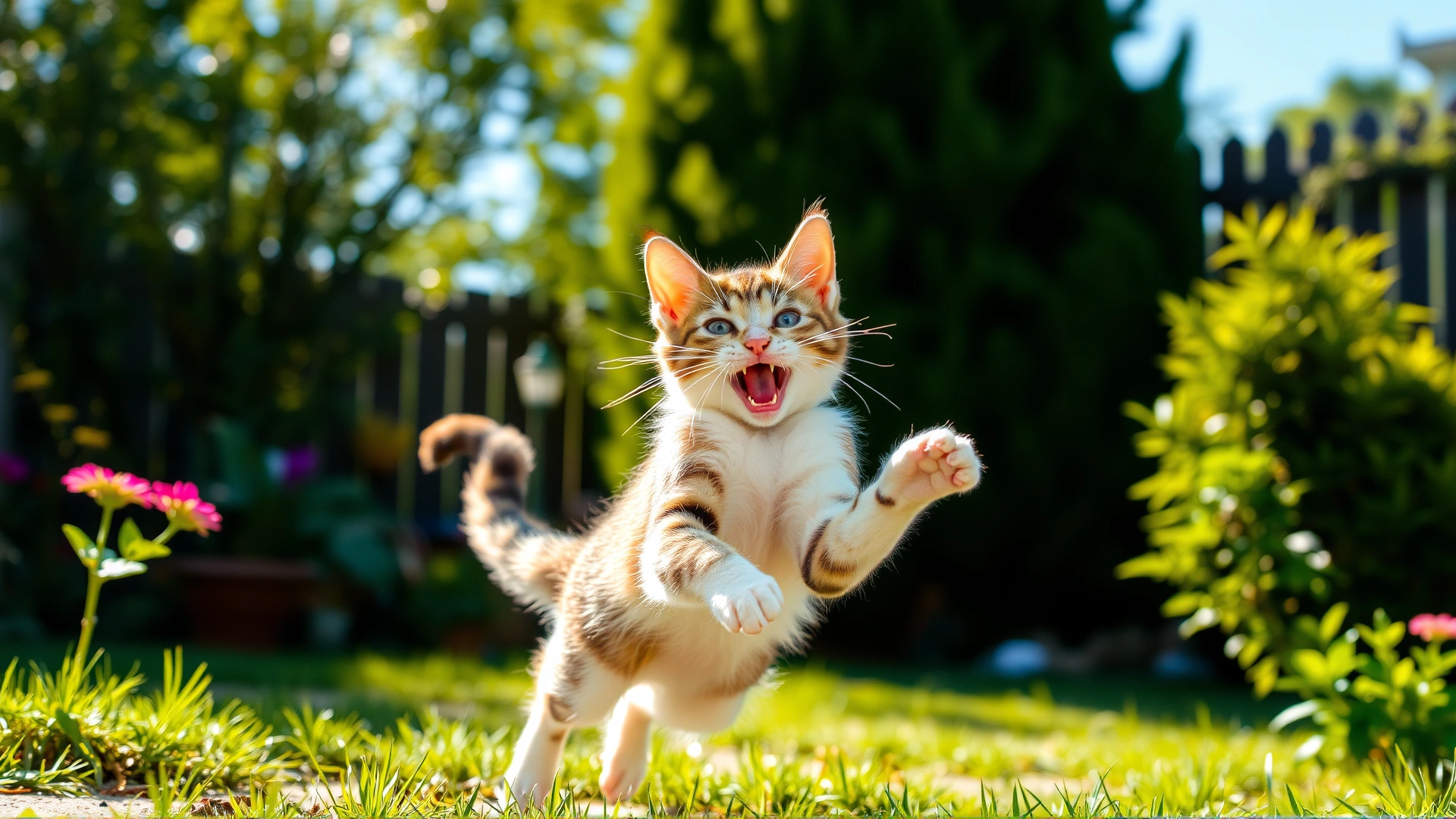 Healthy young cat leaping playfully in a sunlit garden