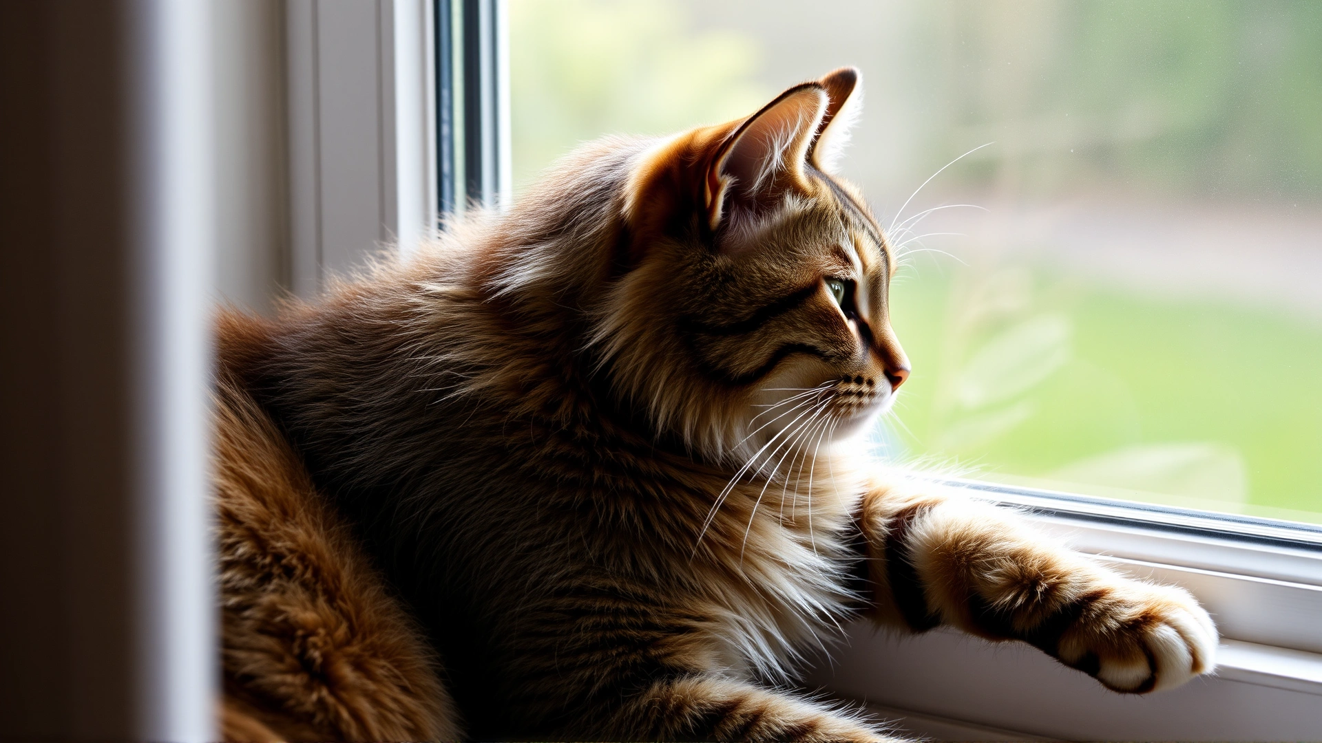 Healthy adult cat with a shiny, full coat lounging by a window for comparison