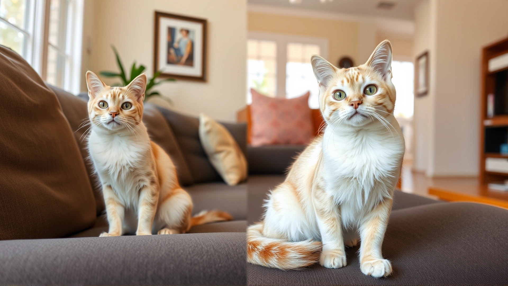 Same cat after treatment with sleek, shiny fur sitting proudly on a couch, no visible dandruff, bright and cheerful living room.