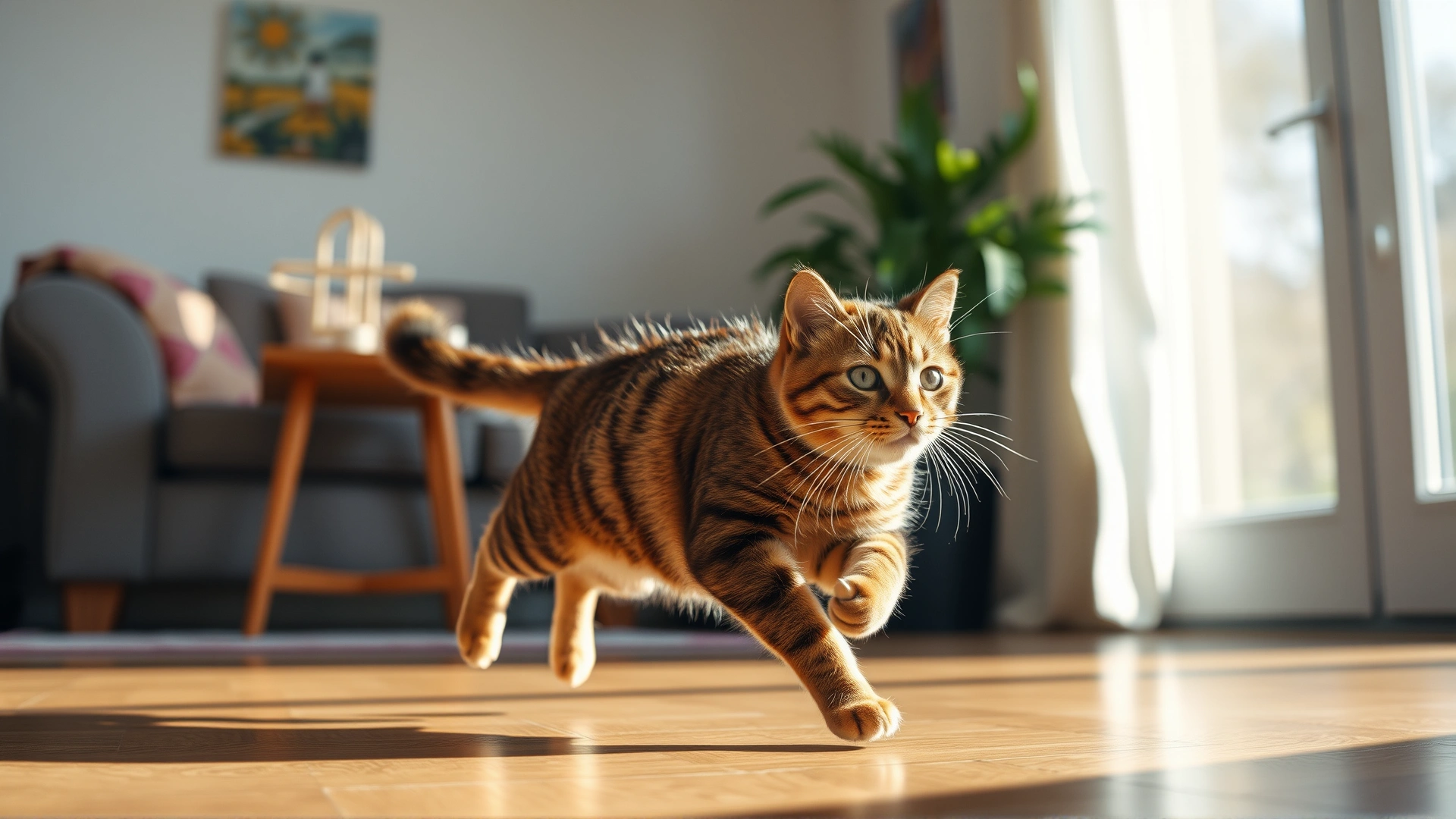Photo of a playful healthy cat sprinting across a sunlit living room, motion blur effect emphasizing vitality