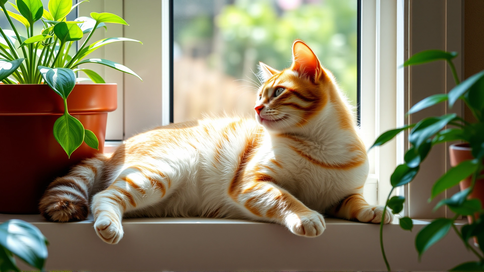 Healthy, playful cat stretching on a sunny windowsill surrounded by green houseplants, symbolizing overall well-being and preventive care.