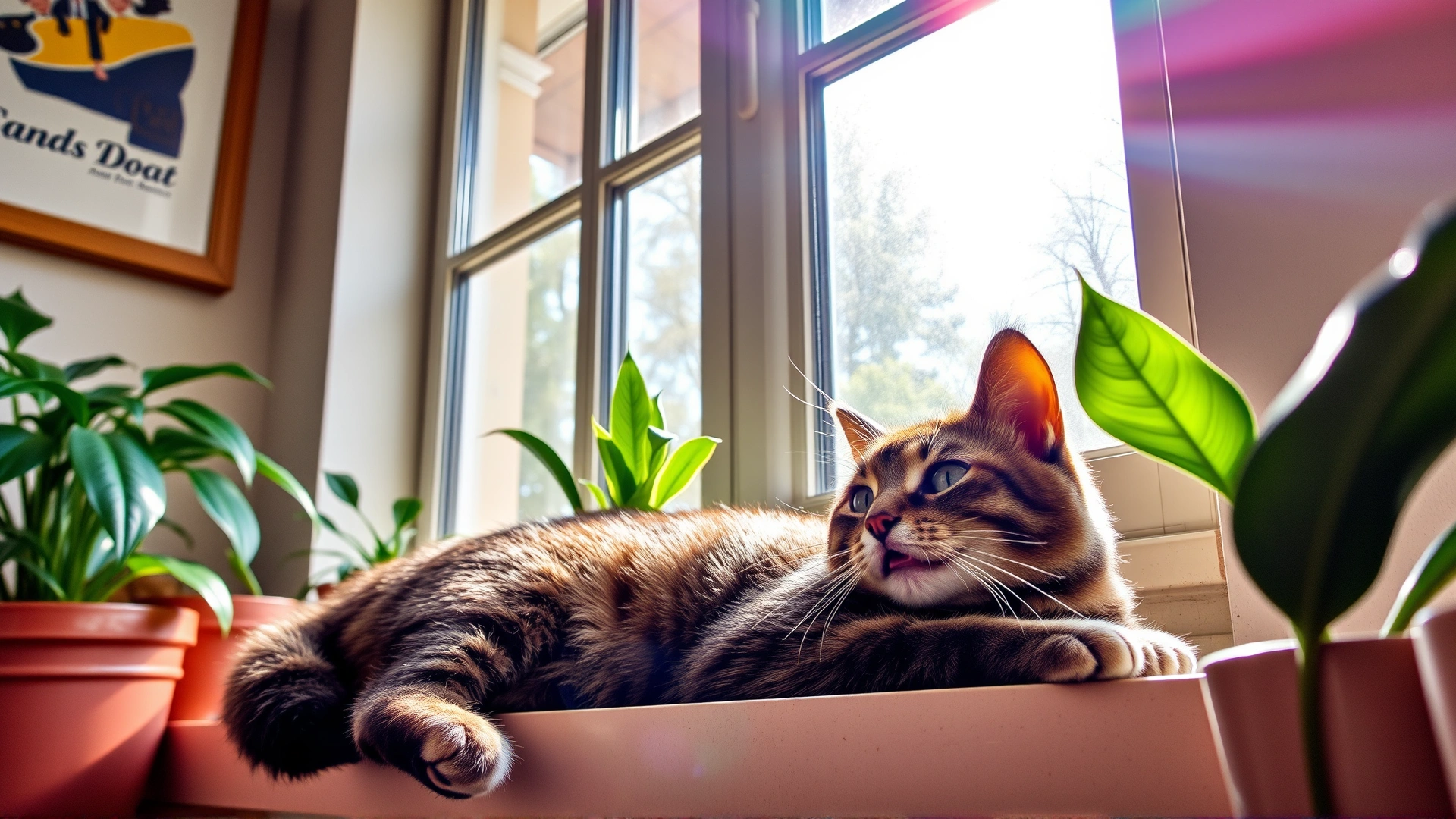 Happy indoor cat with shiny coat lounging by a large sunlit window surrounded by potted plants.