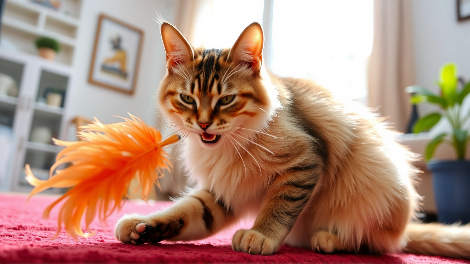 Happy, active spayed cat playing with a feather toy in a bright living room