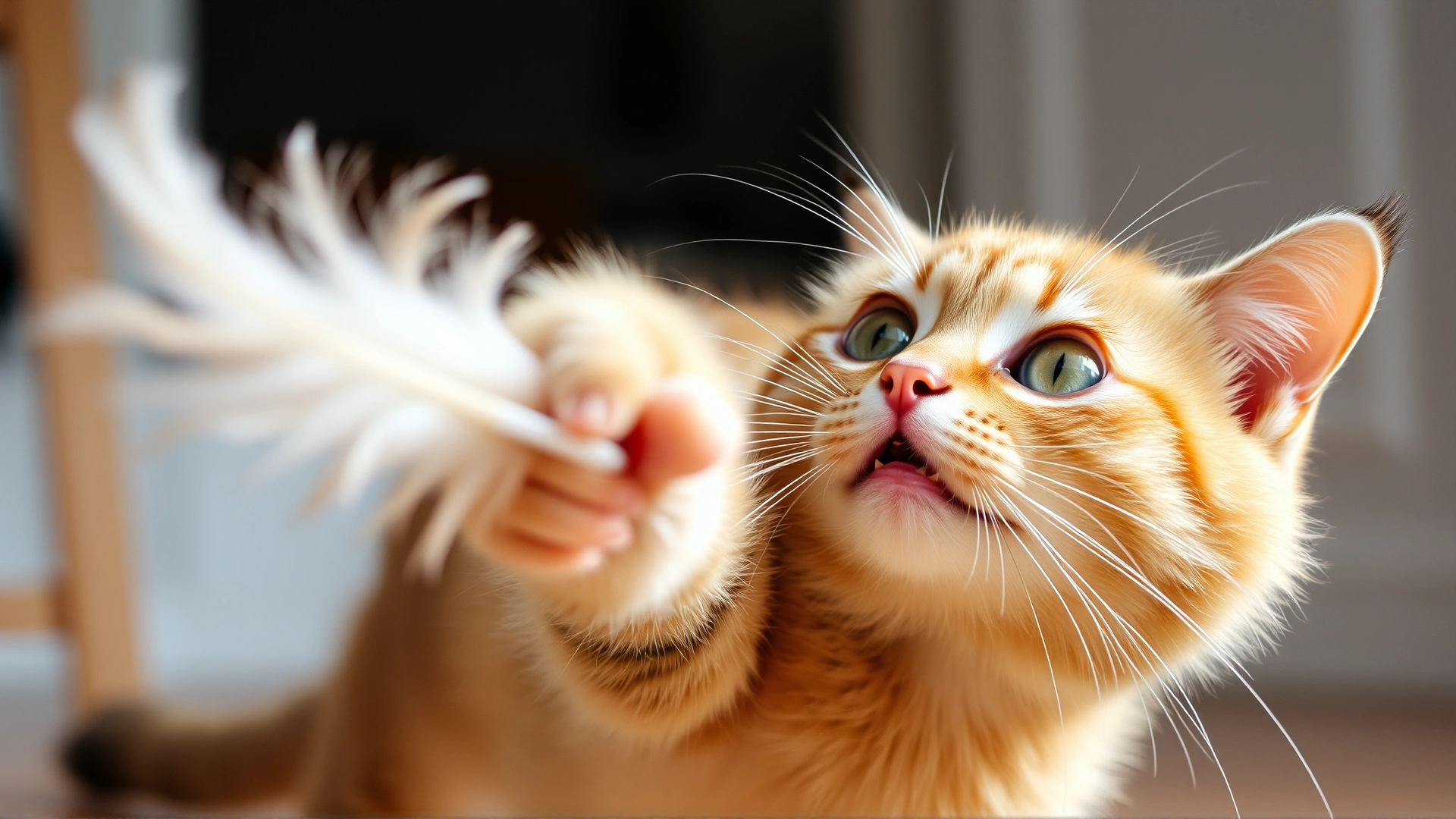 Playful cat chasing a feather toy with bright, healthy eyes clearly visible, indoor natural light