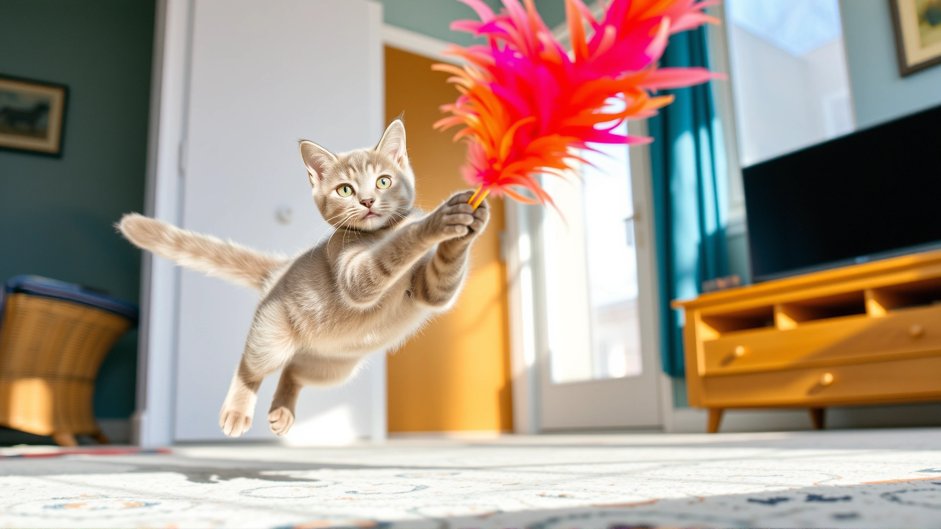Energetic young grey cat mid-jump chasing a colorful feather toy in a sunlit living room, motion captured sharply, cheerful atmosphere
