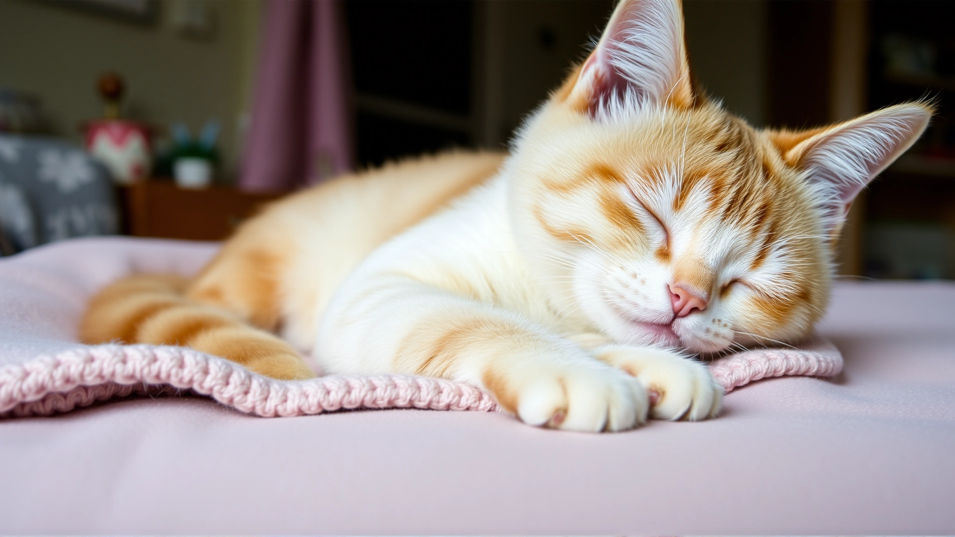 Healthy domestic cat peacefully resting on a soft blanket at home, representing recovery.
