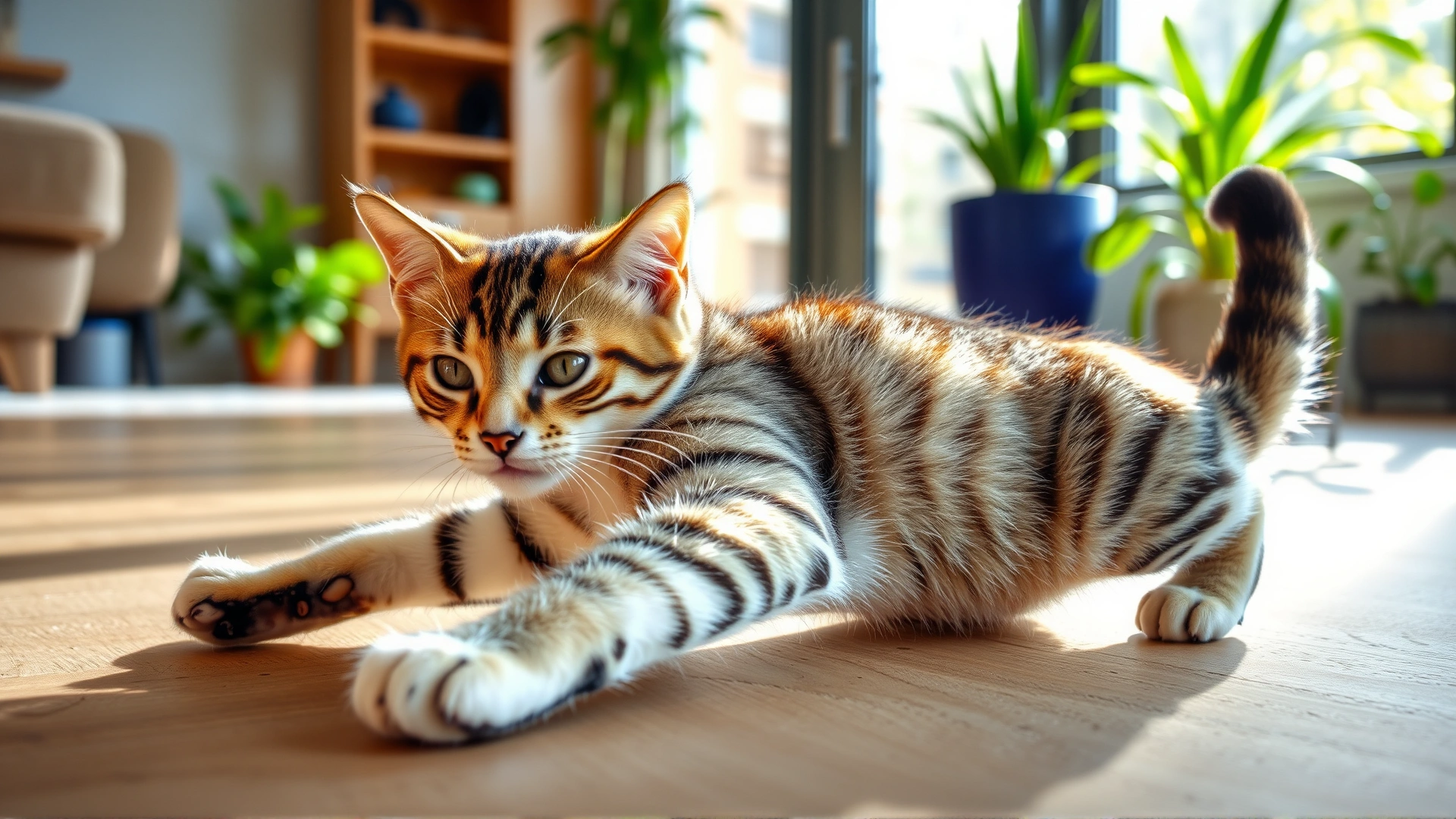 Playful young tabby cat stretching on a living room floor with sunlight and houseplants in the background, representing a healthy and agile cat