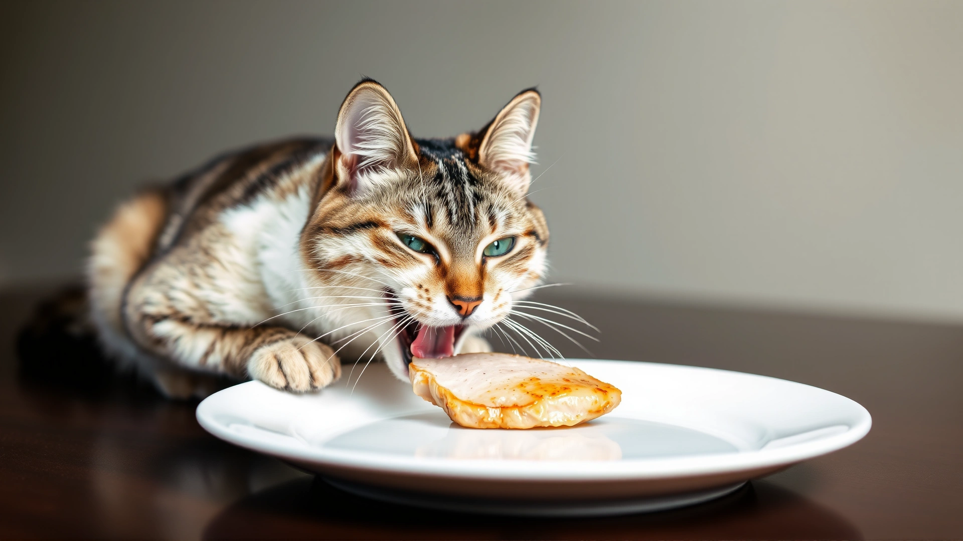 Cat happily eating a small piece of cooked chicken breast on a white plate, bright background, shallow depth of field