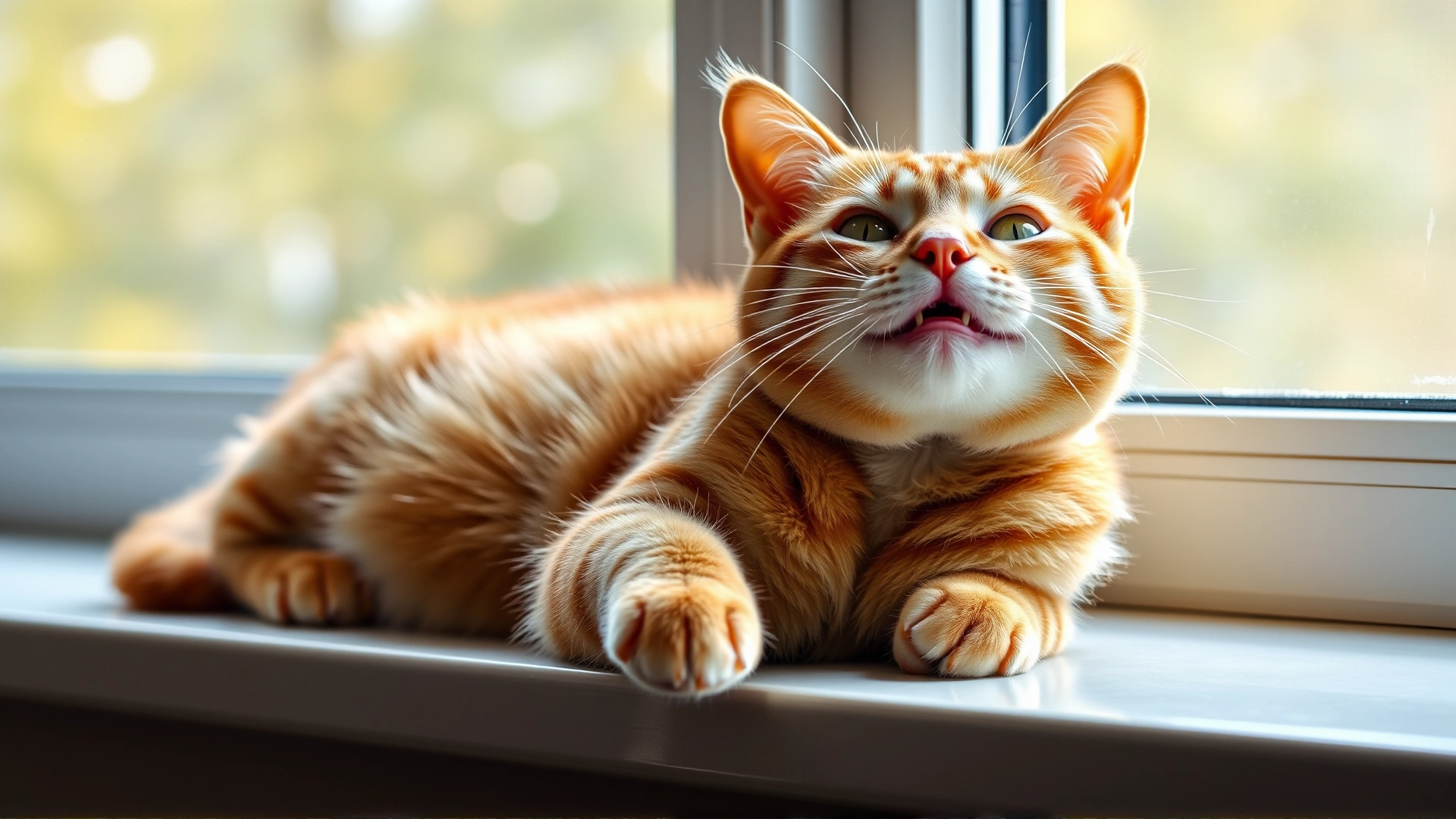 Playful ginger tabby cat stretching on a sunny windowsill, looking healthy and content.