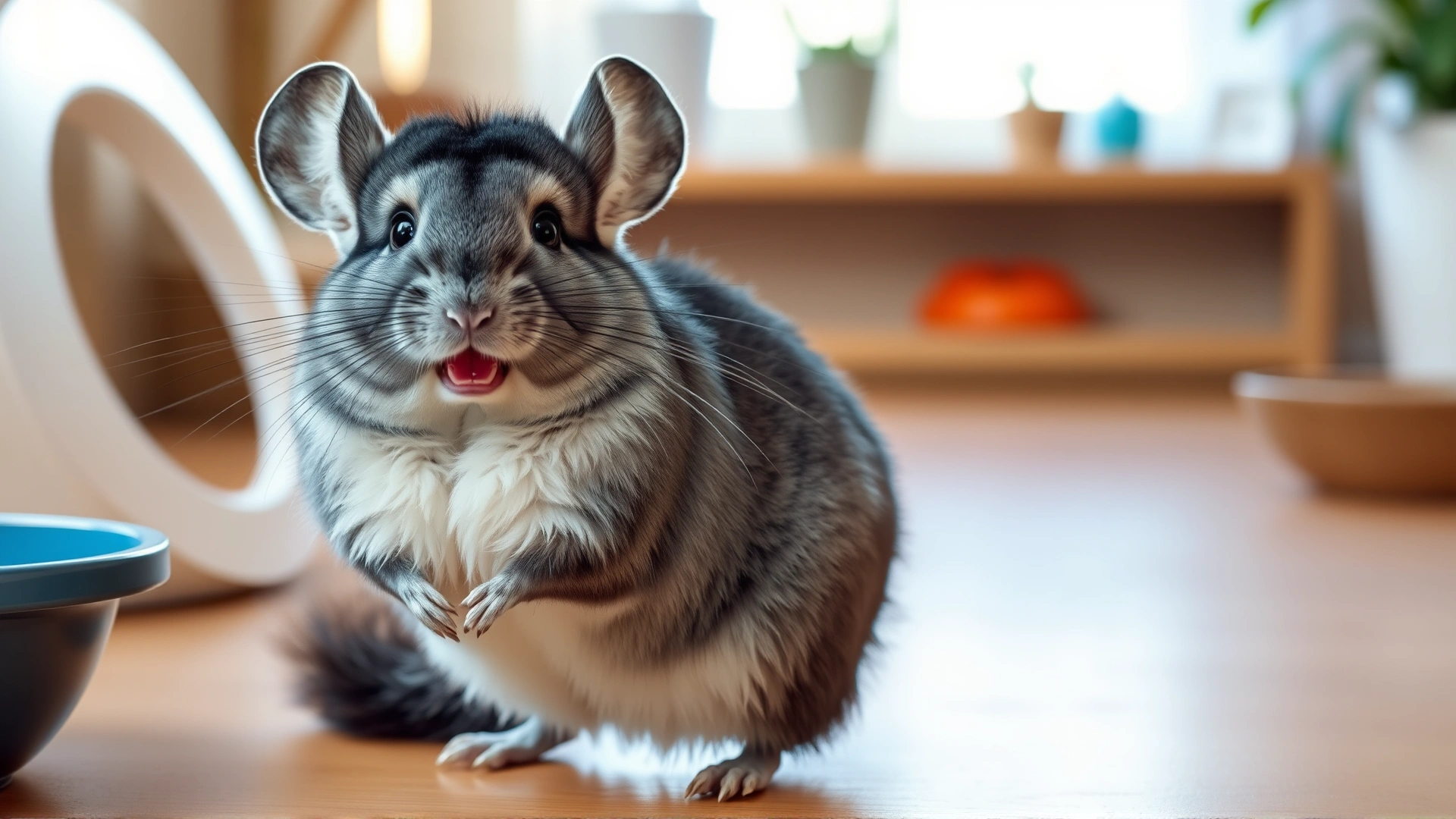 Happy, active chinchilla standing on hind legs in a clean habitat, natural daylight