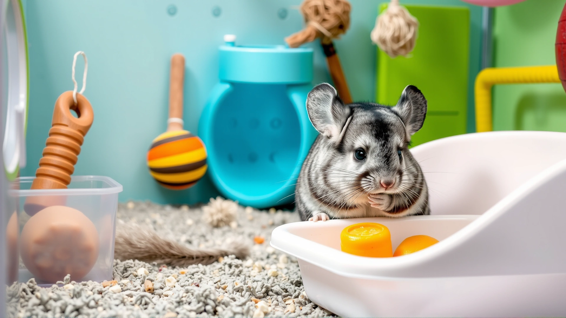Healthy chinchilla grooming itself inside a clean habitat with chew toys and a dust bath container, bright lighting, high-resolution