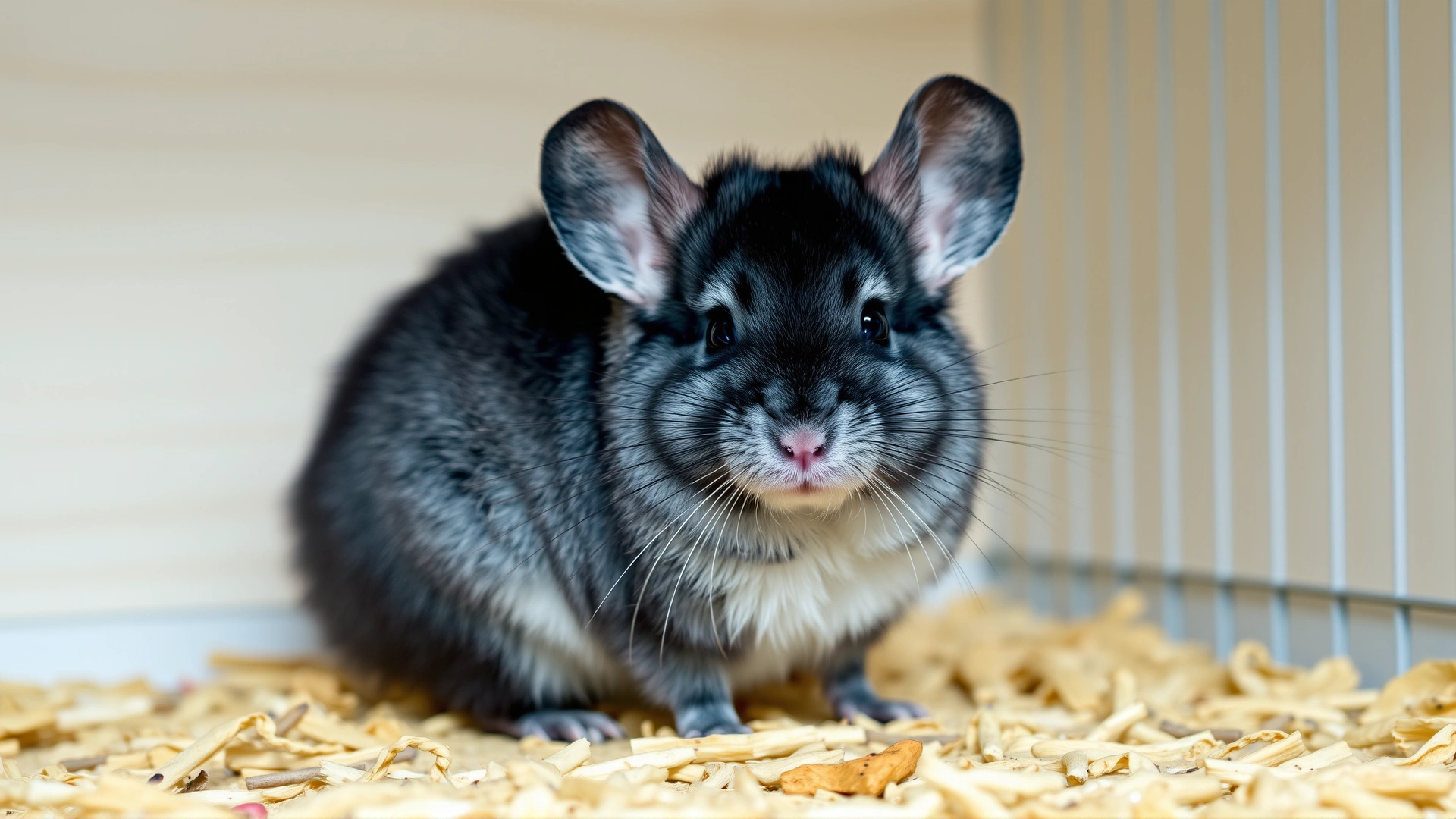 Full-body shot of a bright-eyed chinchilla standing on wooden bedding in a clean cage, conveying vitality and good overall health.