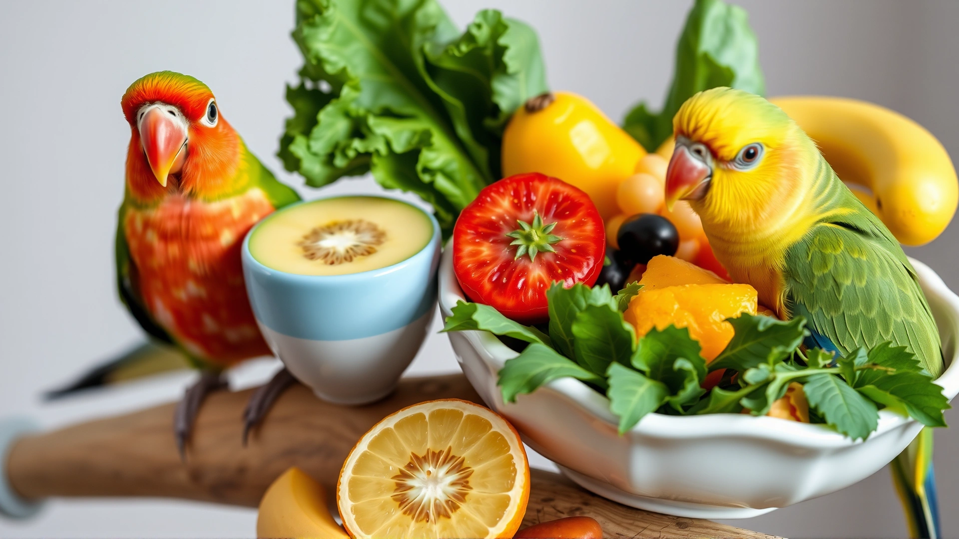 Variety of fresh bird-safe fruits and leafy greens in a ceramic bowl placed next to a happy lovebird on a perch, promoting healthy diet