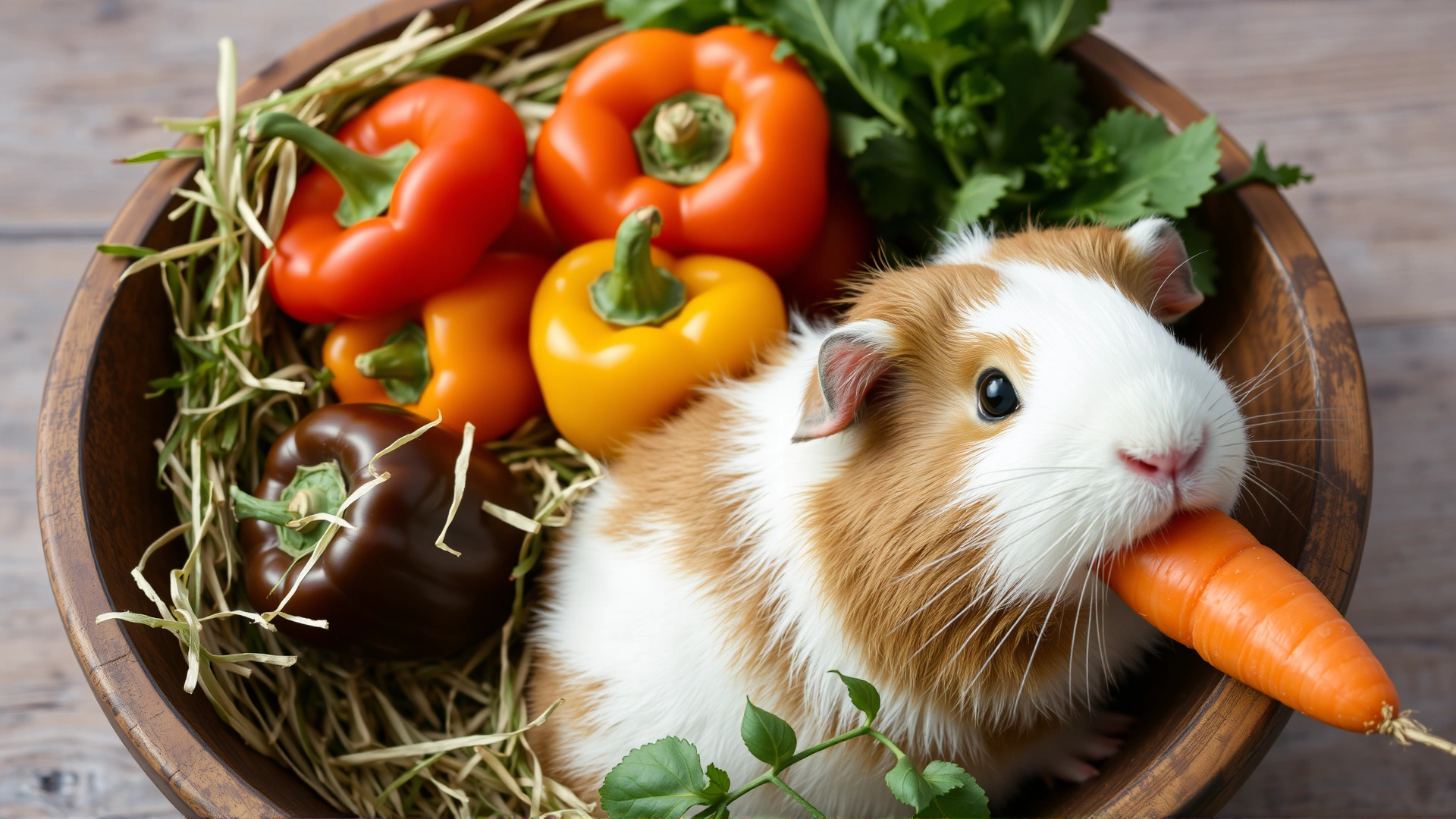 Close-up of a wooden bowl filled with Timothy hay, mixed fresh bell peppers, and leafy greens beside a relaxed guinea pig nibbling on a carrot