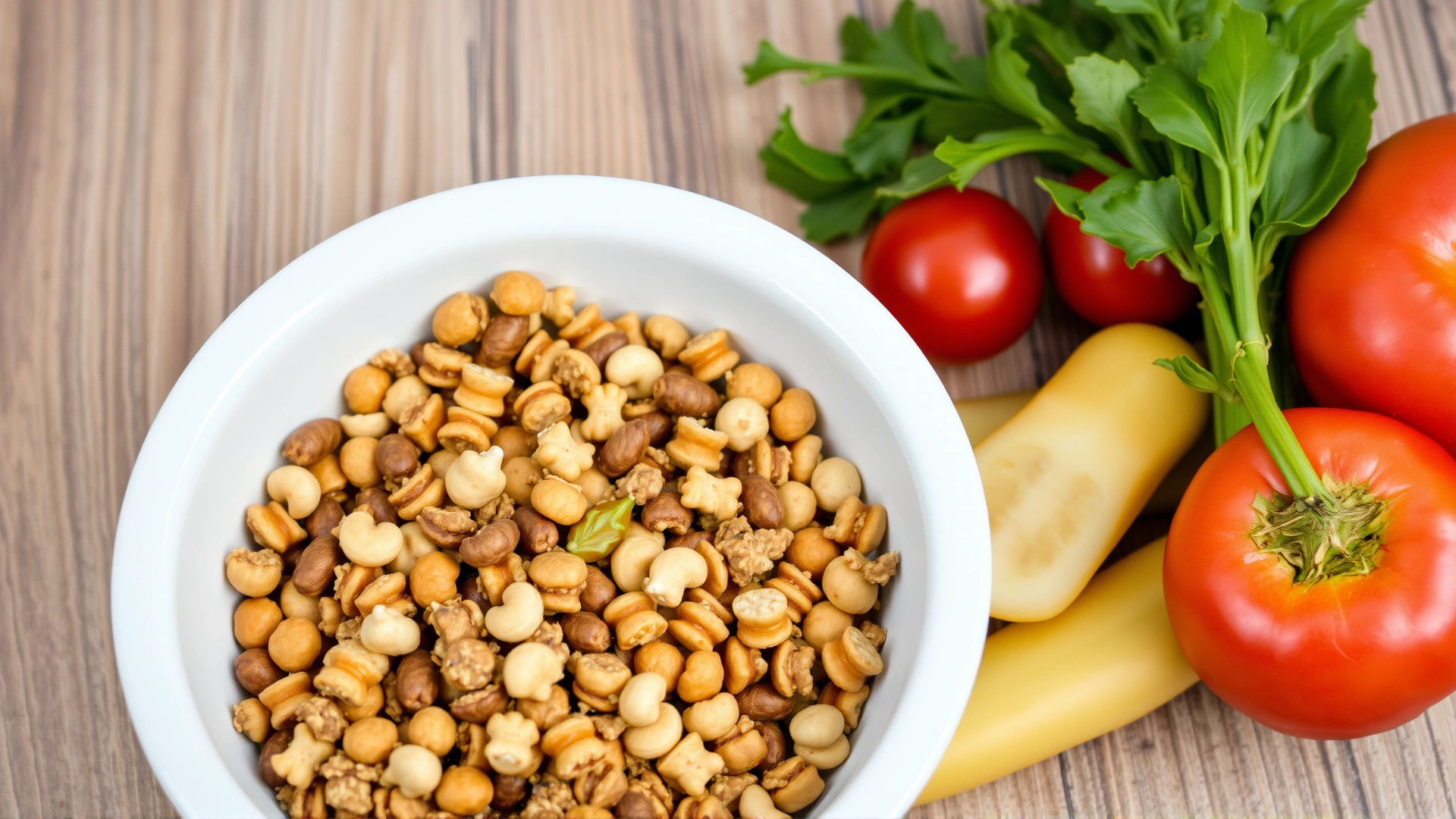 Bowl filled with balanced hamster food mix alongside fresh vegetables and fruits, showing dietary support.