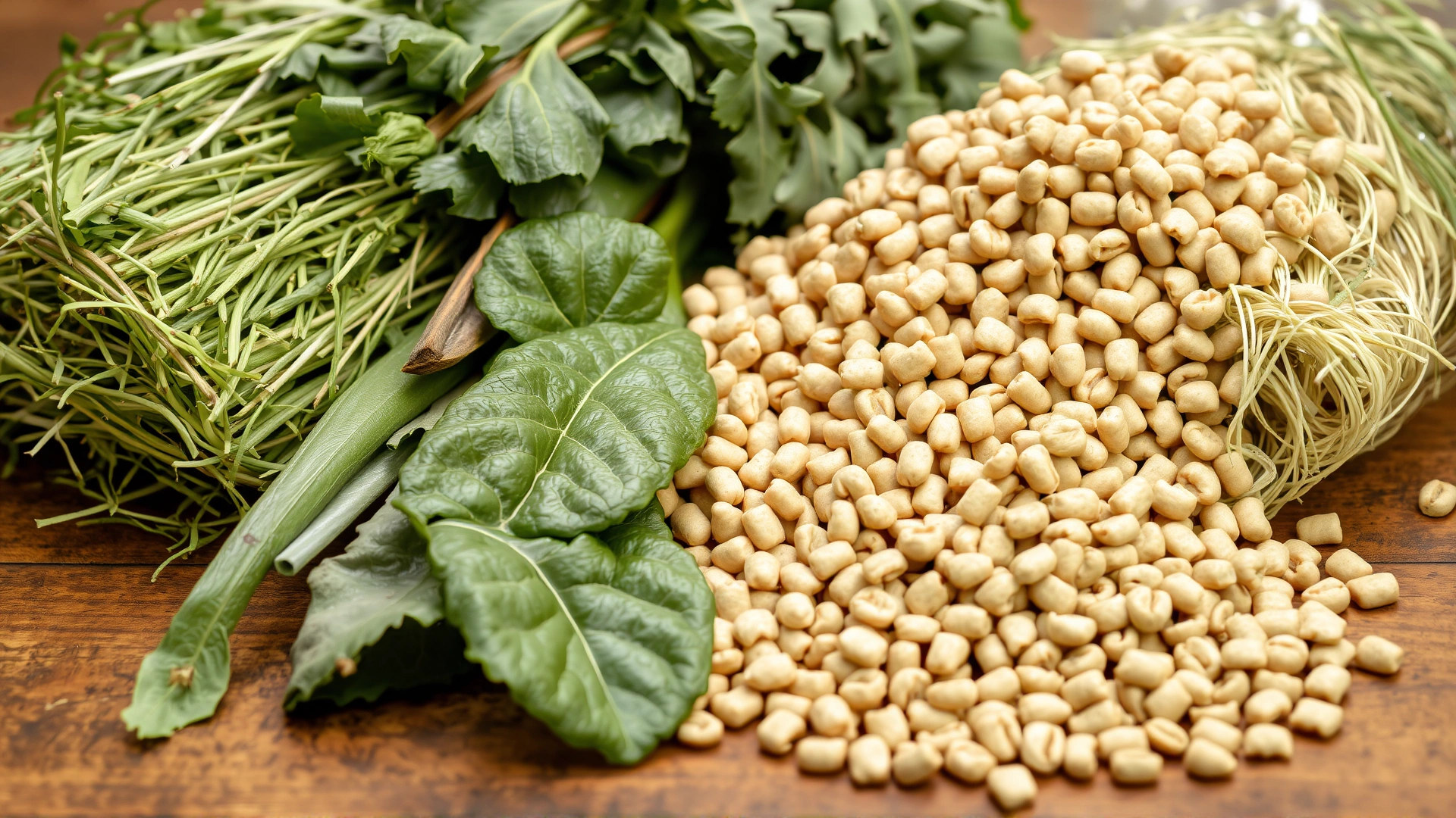 Neatly arranged assortment of fresh hay, leafy greens, and quality rabbit pellets on a wooden surface, representing a balanced rabbit diet