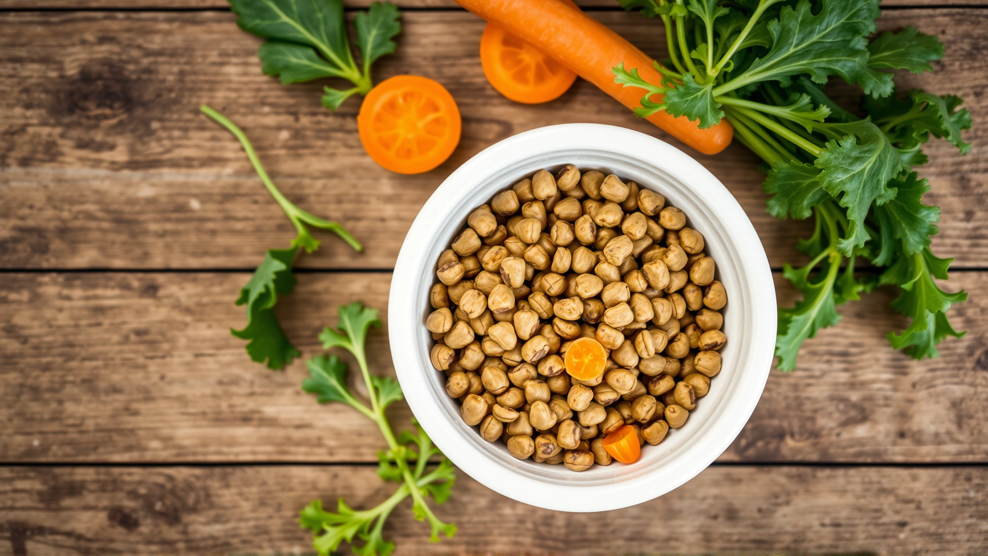 Top-down view of a ceramic bowl filled with high-quality rat pellets surrounded by fresh leafy greens and sliced carrots on a wooden table