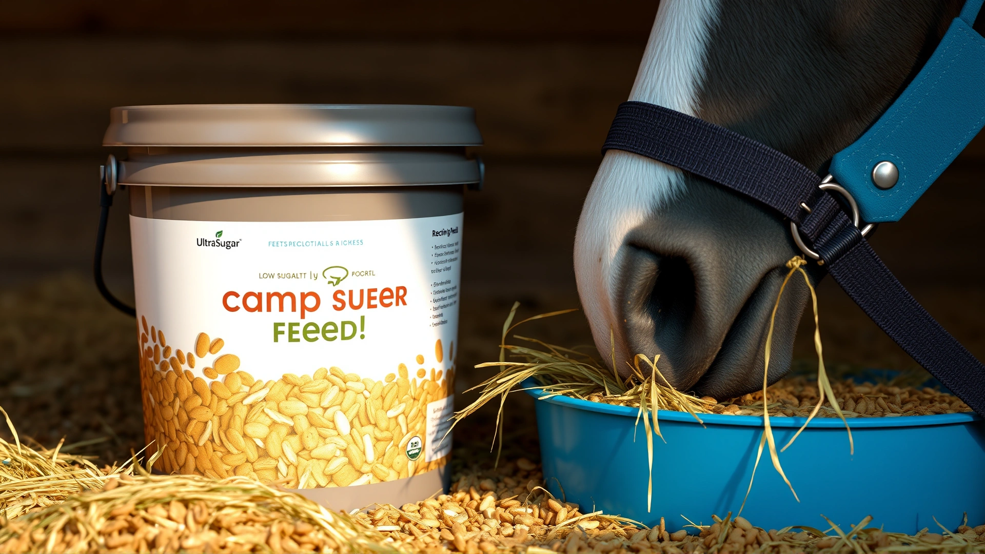 Feed bucket containing low-sugar complete feed with fresh hay and a horse muzzle visible