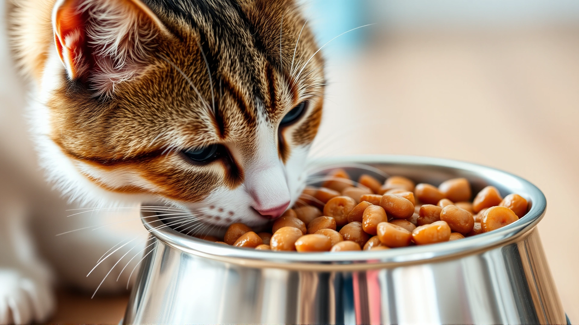 Close-up of a stainless steel bowl filled with high-quality wet cat food while a cat sniffs it