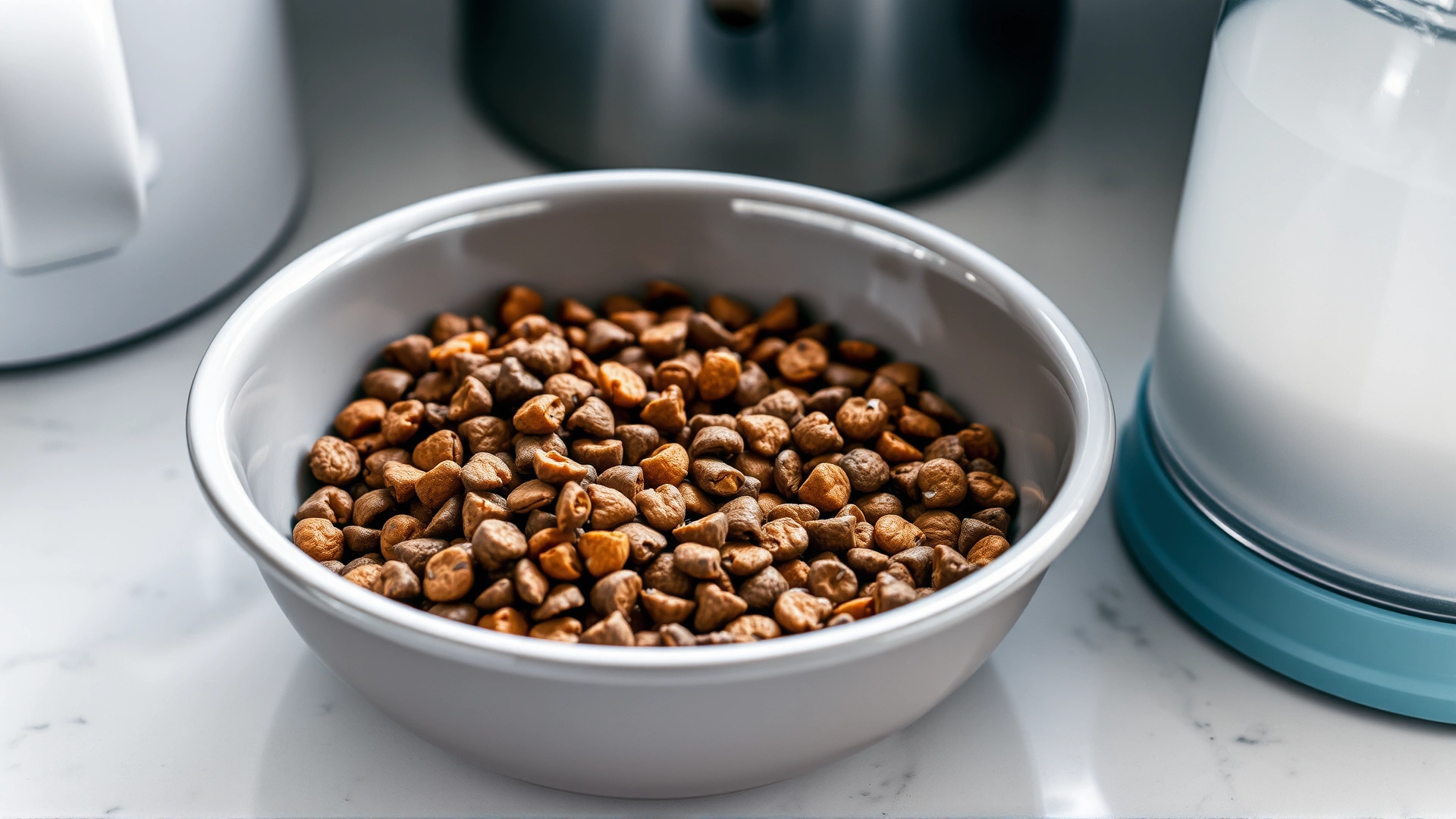 A bowl filled with high-quality wet and dry cat food alongside fresh water, shot on a clean kitchen surface.
