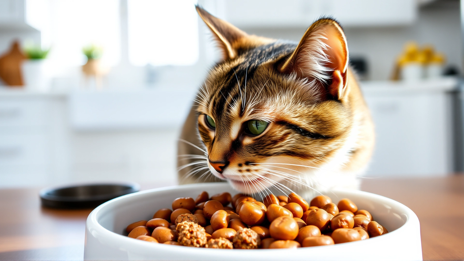 Close-up of a tabby cat eating premium wet food from a white ceramic bowl in a modern kitchen with natural sunlight.