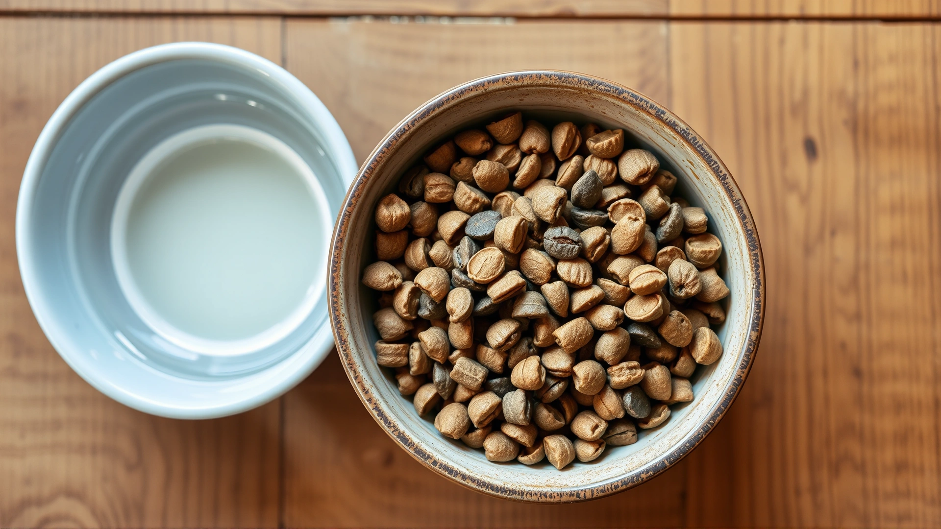 Top-down view of a ceramic bowl filled with high-fiber dry cat food beside a bowl of fresh water on a wooden surface, no text.