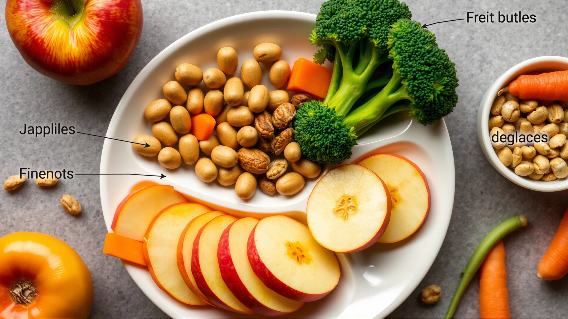 Flat lay of a divided plate containing pellets, fresh fruits like apple slices, vegetables such as broccoli and carrots, and a small portion of mixed nuts, all labeled for educational clarity.