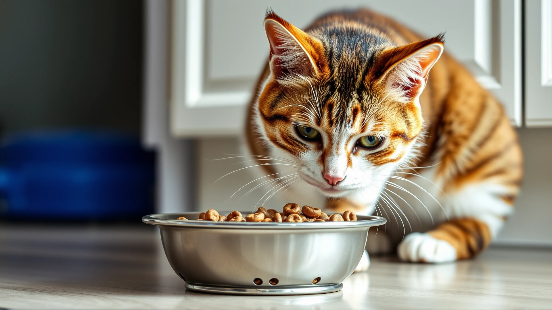 Indoor cat eating prescription gastrointestinal dry food from a stainless steel bowl on a kitchen floor