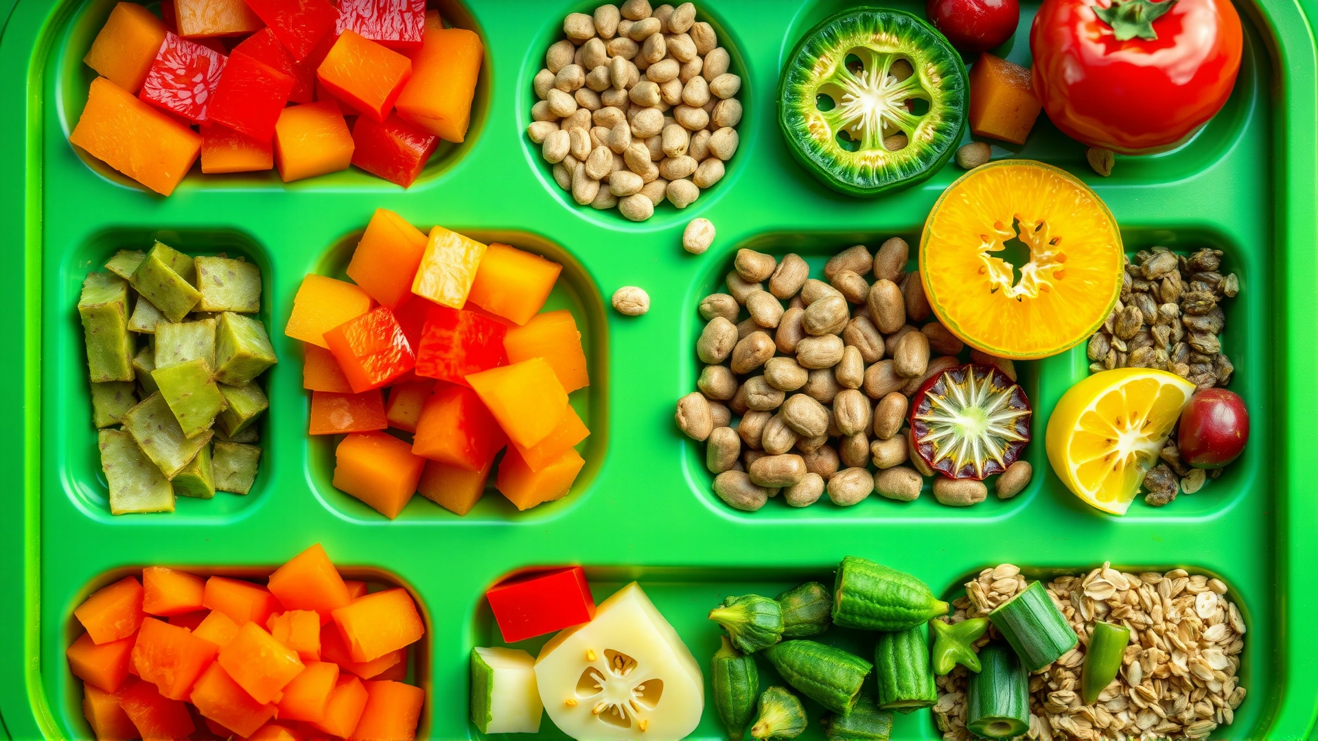 Top-down view of a colorful feeding tray containing chopped vegetables, fruits, high-quality pellets, and seeds suitable for parrots.