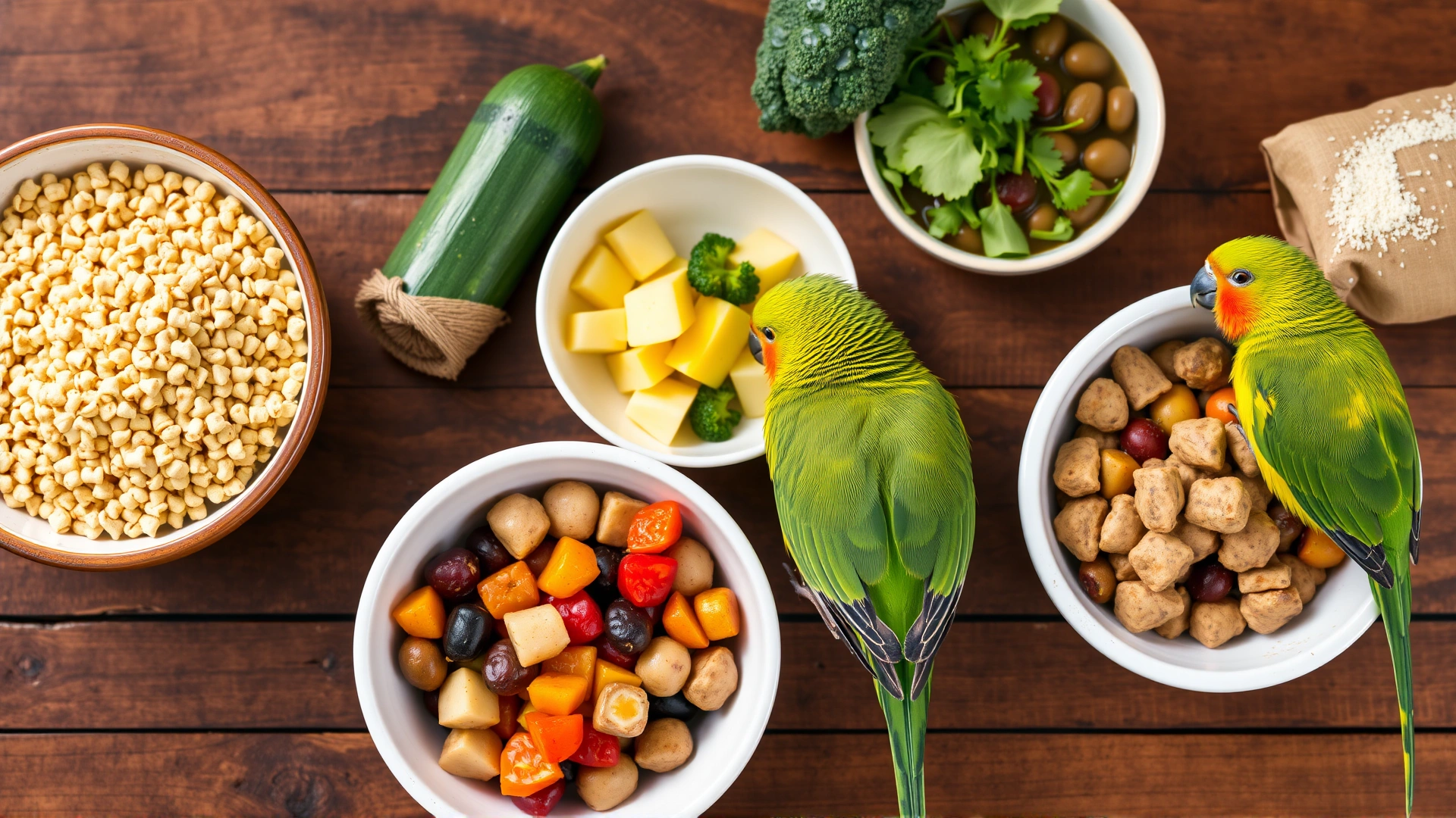 Flat lay of a balanced small conure diet: pellets, chopped vegetables, small fruit pieces, and cooked legumes arranged in ceramic bowls on wooden table