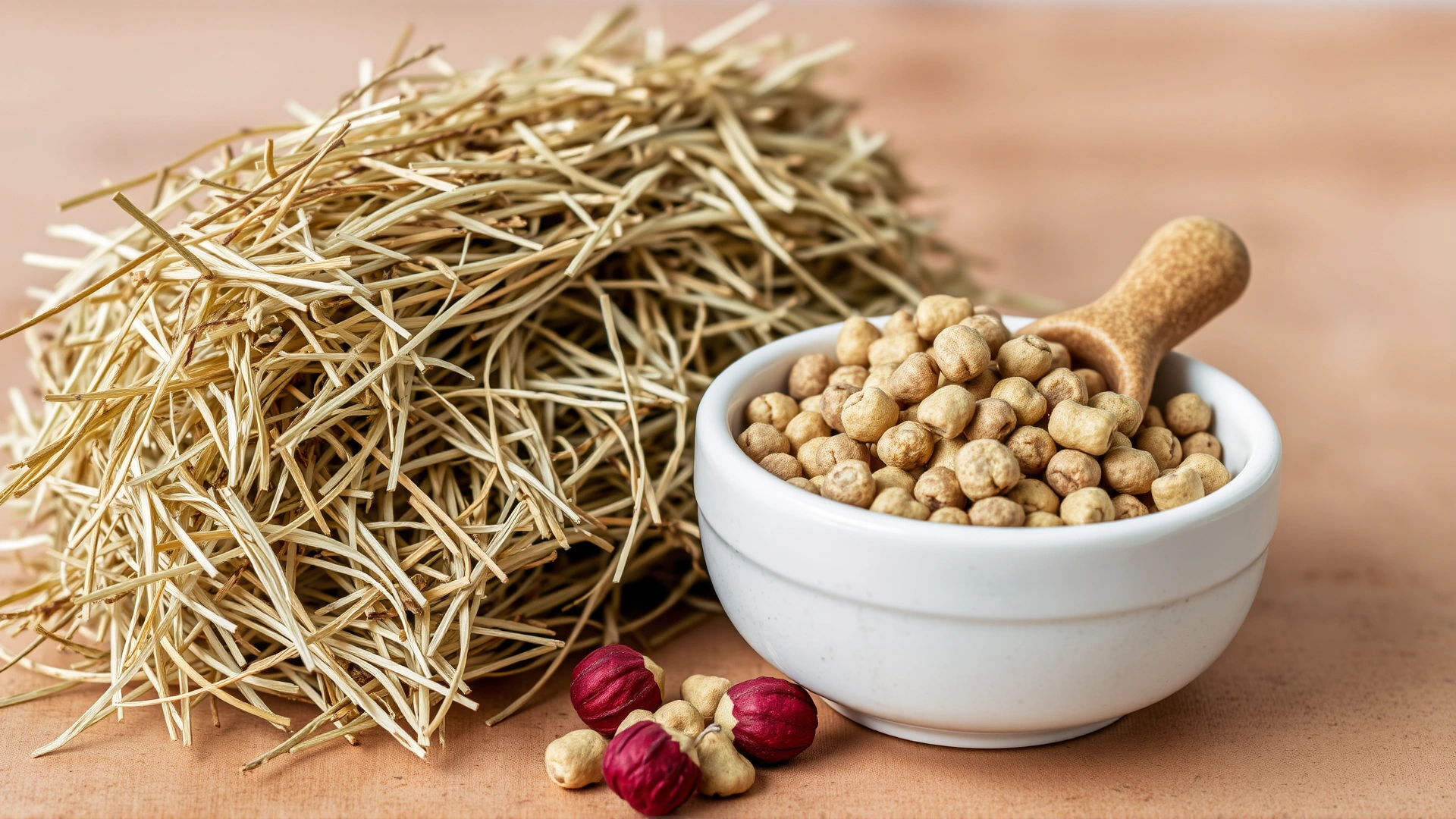 Timothy hay neatly stacked beside a ceramic bowl containing a small scoop of chinchilla pellets and a few dried rose hips, on a wooden surface