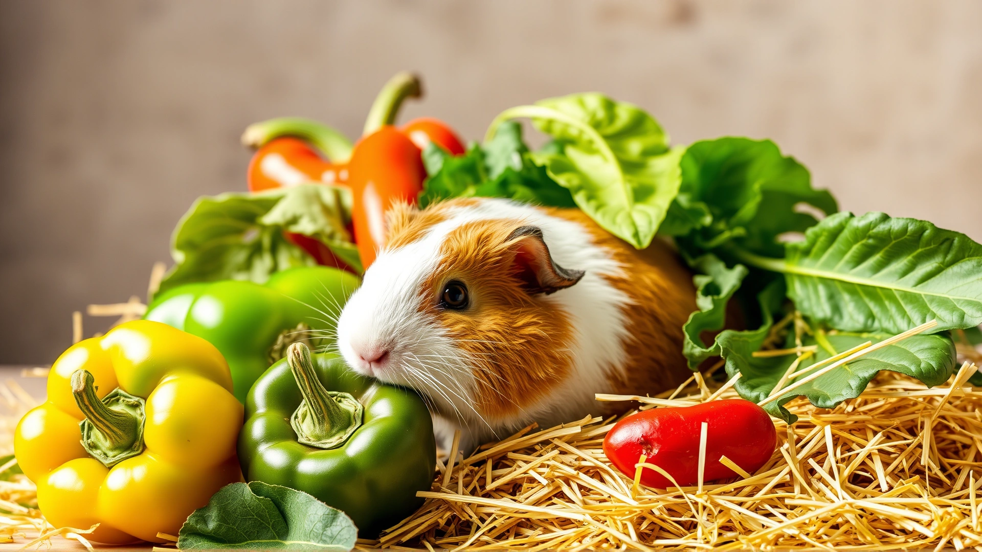 Brightly lit arrangement of high-quality hay, colorful leafy greens, bell peppers, and a happy guinea pig nibbling
