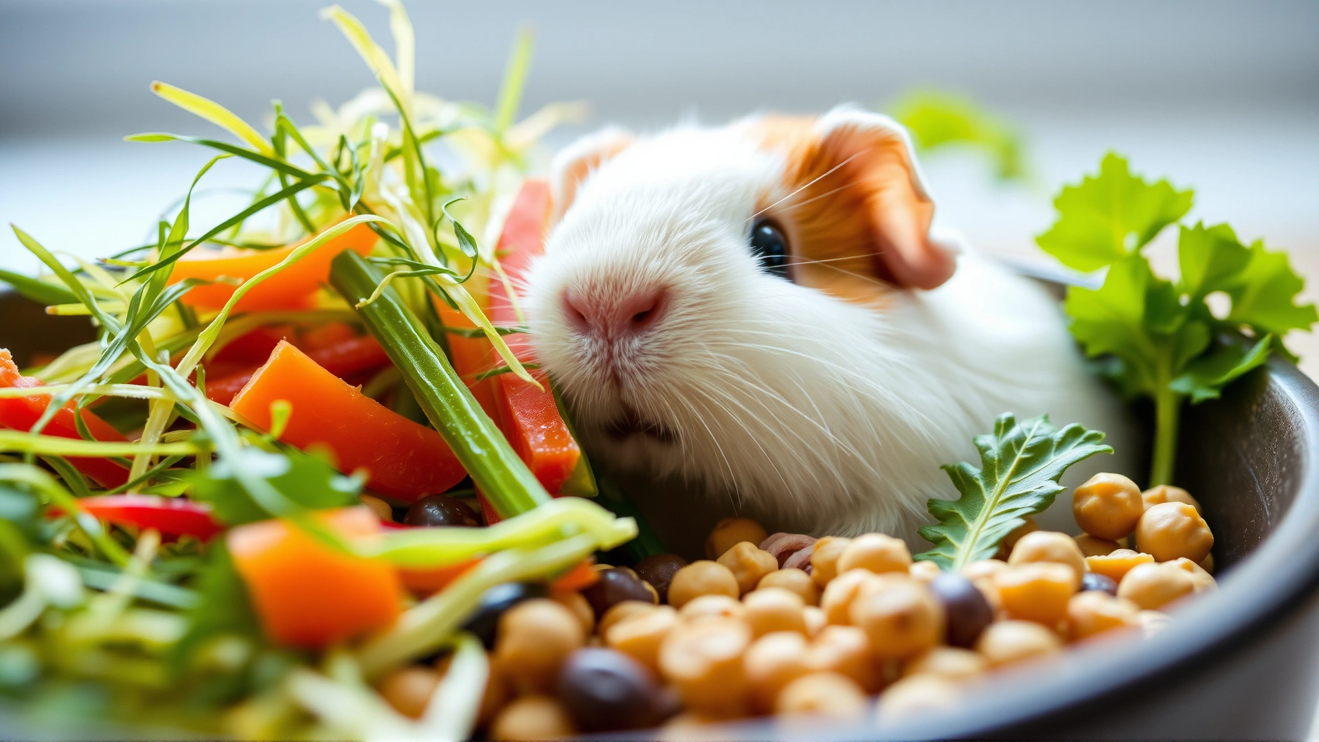 Close-up of a balanced guinea pig meal: fresh hay, colorful vegetables, and fortified pellets in a shallow bowl, bright kitchen light, no text