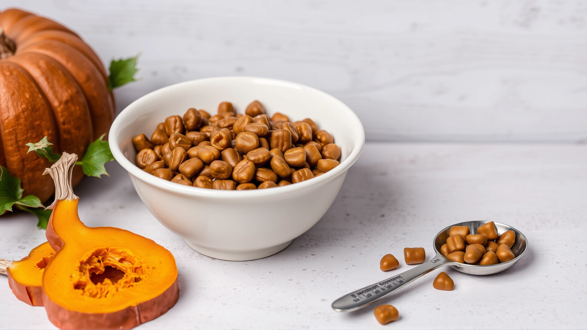 Bowl filled with veterinarian-recommended wet cat food beside fresh pumpkin slices and measuring spoon, no text.