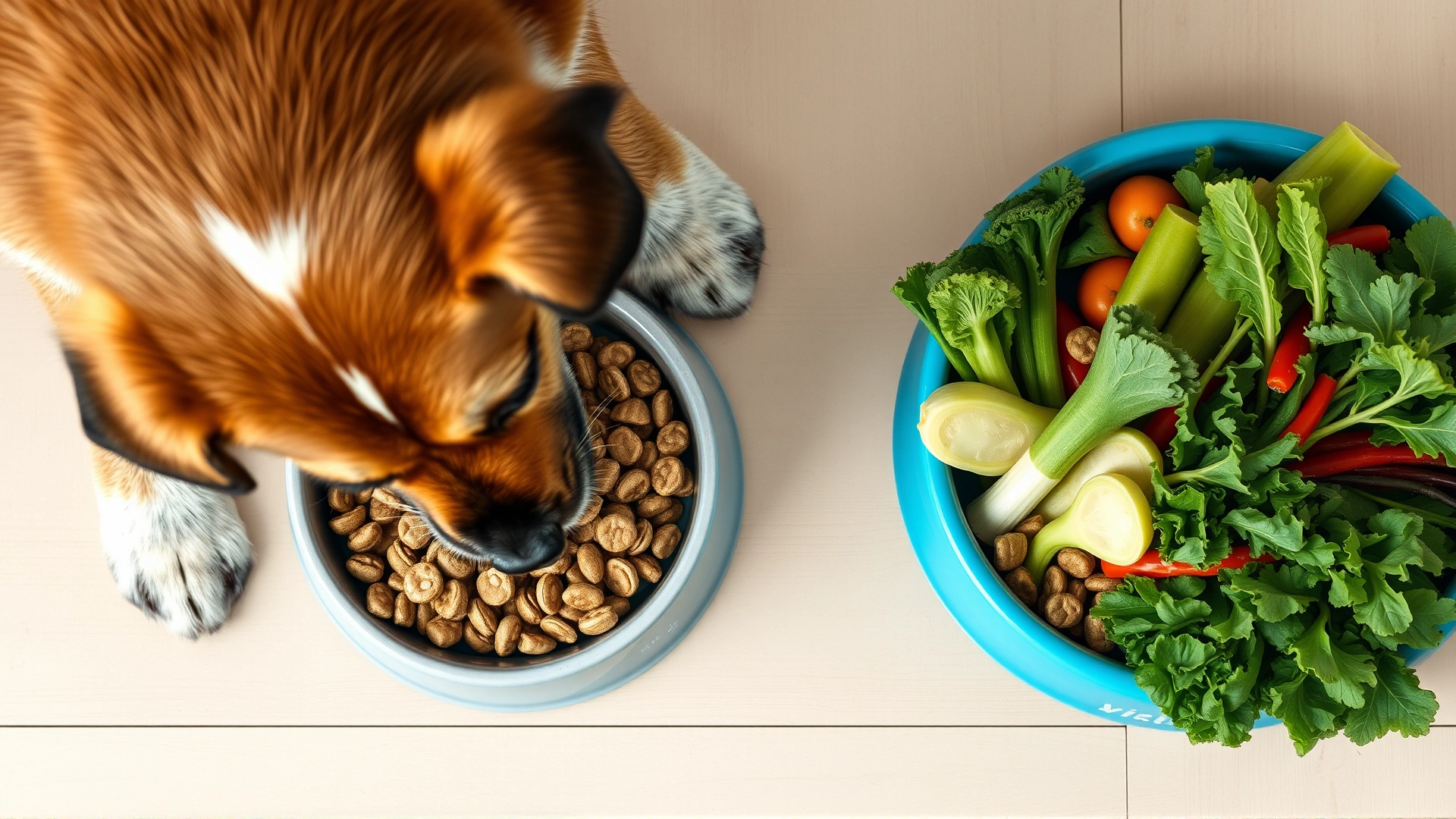 Overhead shot of a medium-size dog eating from a bowl filled with balanced kibble and fresh vegetables, emphasizing weight management, no text on image