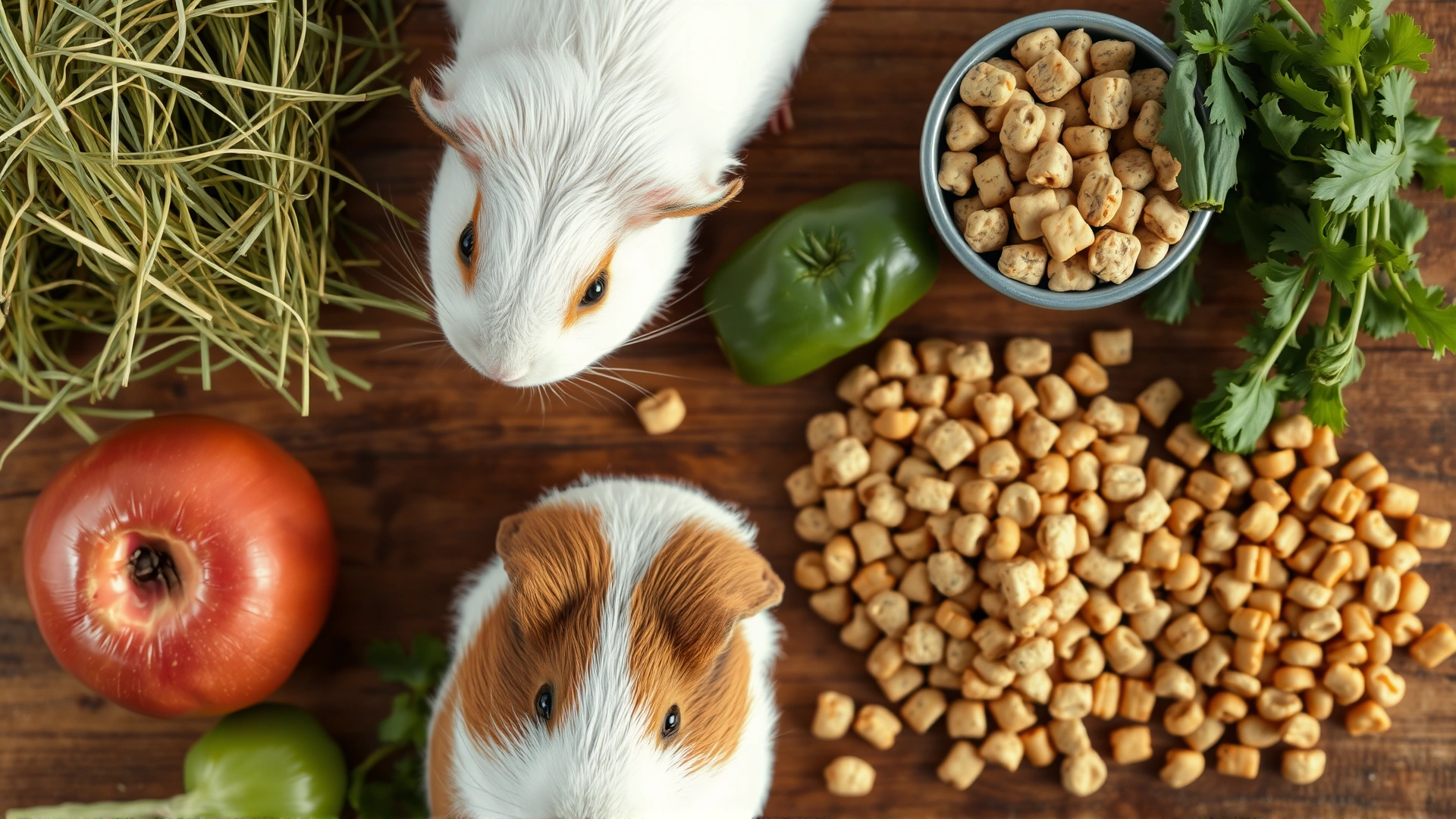 Top-down view of a variety of guinea pig foods: hay, vitamin-C rich vegetables, and specialized pellets arranged neatly on a wooden table.