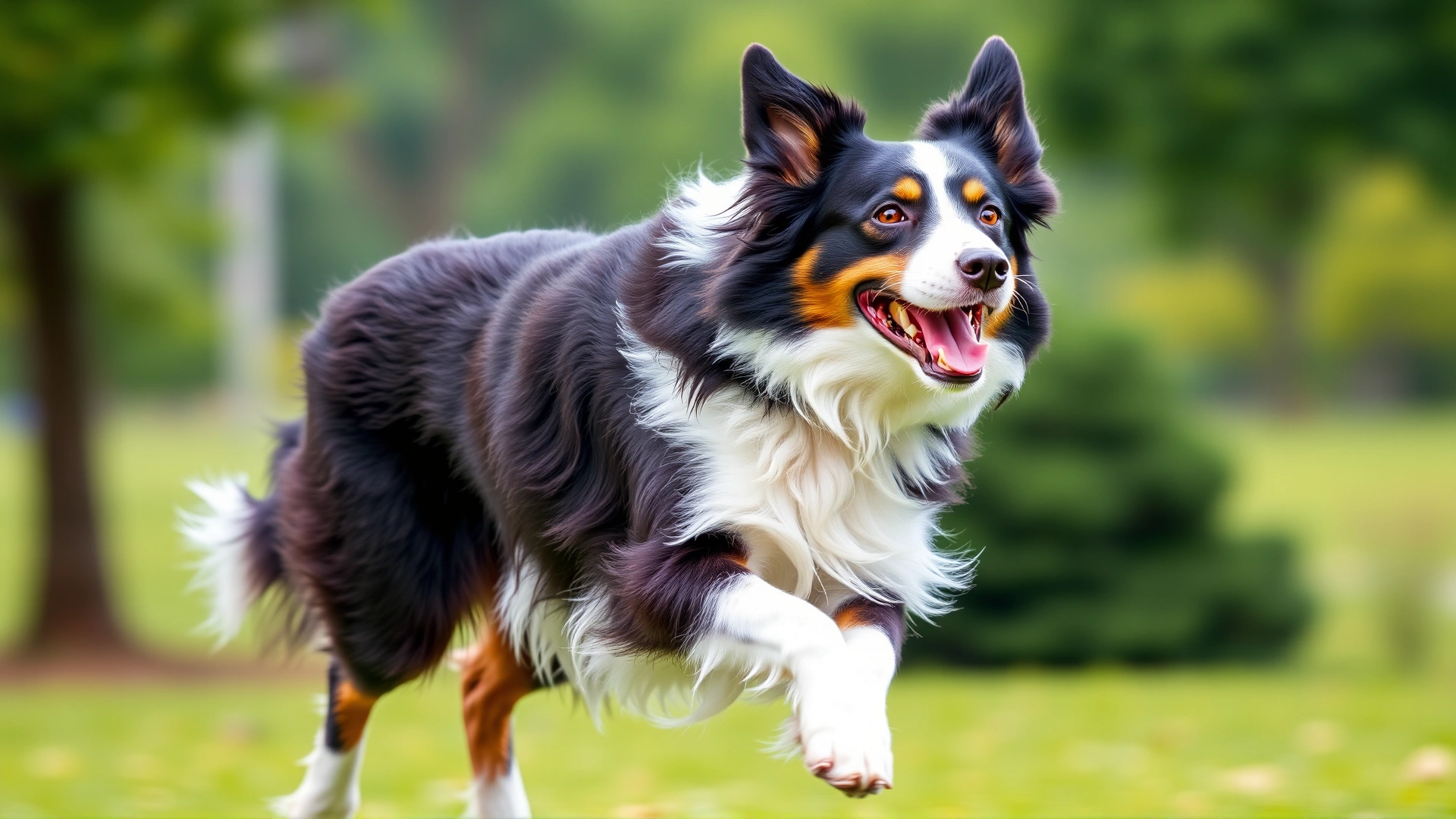 Happy border collie running in a green park with a shiny, healthy coat, motion blur background