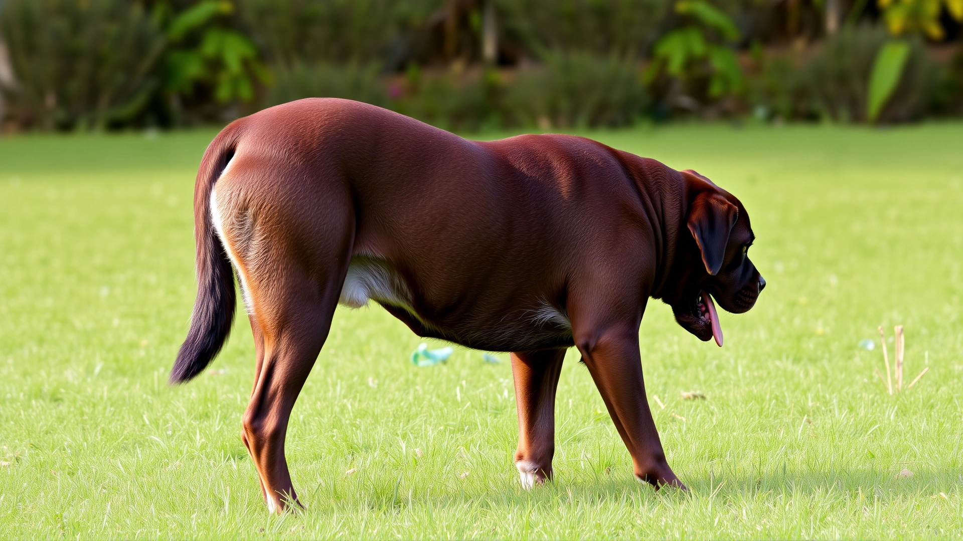Side profile of a fit adult Labrador Retriever with a visible waistline standing outdoors on green grass