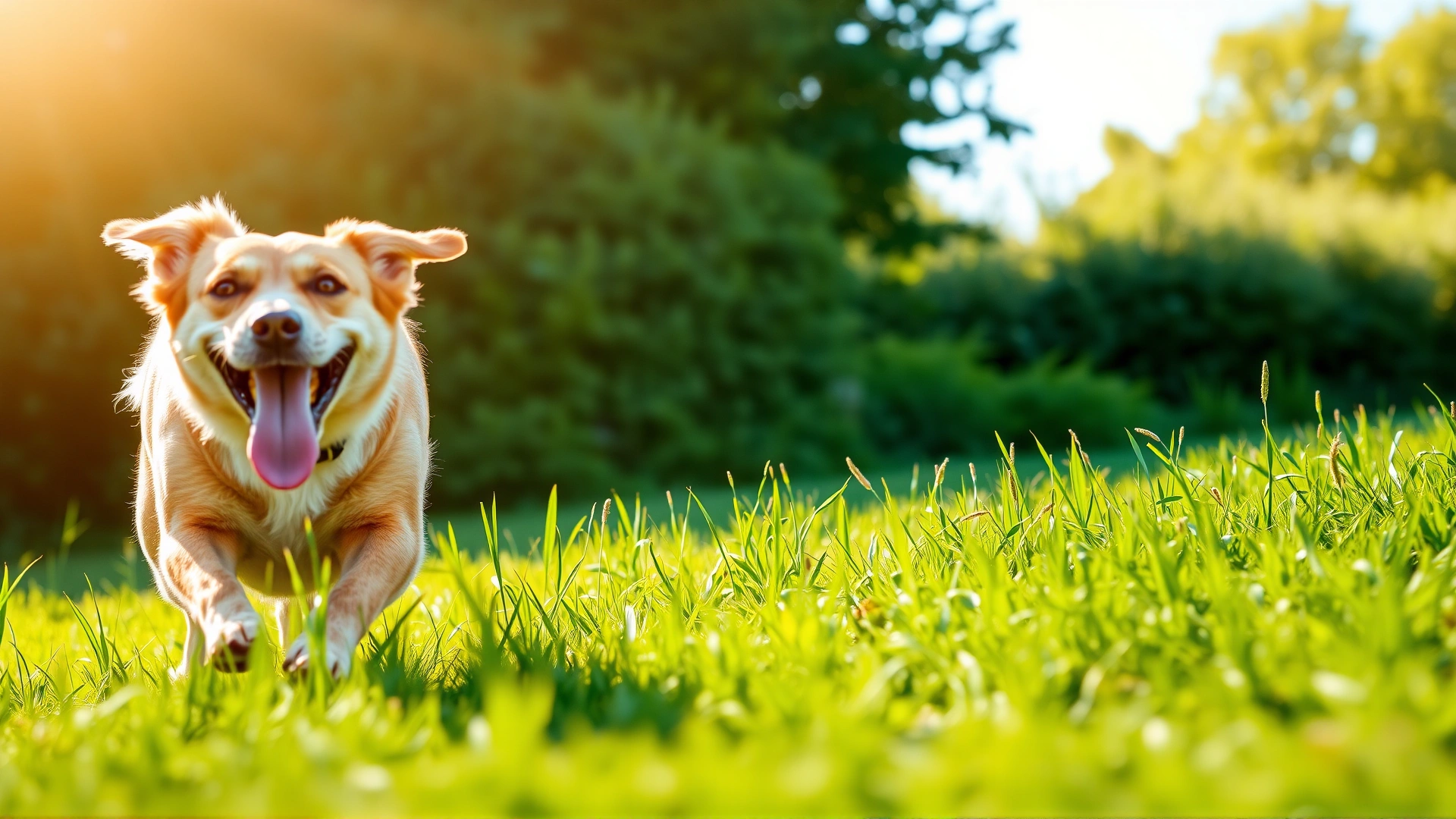 Happy, healthy adult dog running in a green field under bright sunlight, tongue out