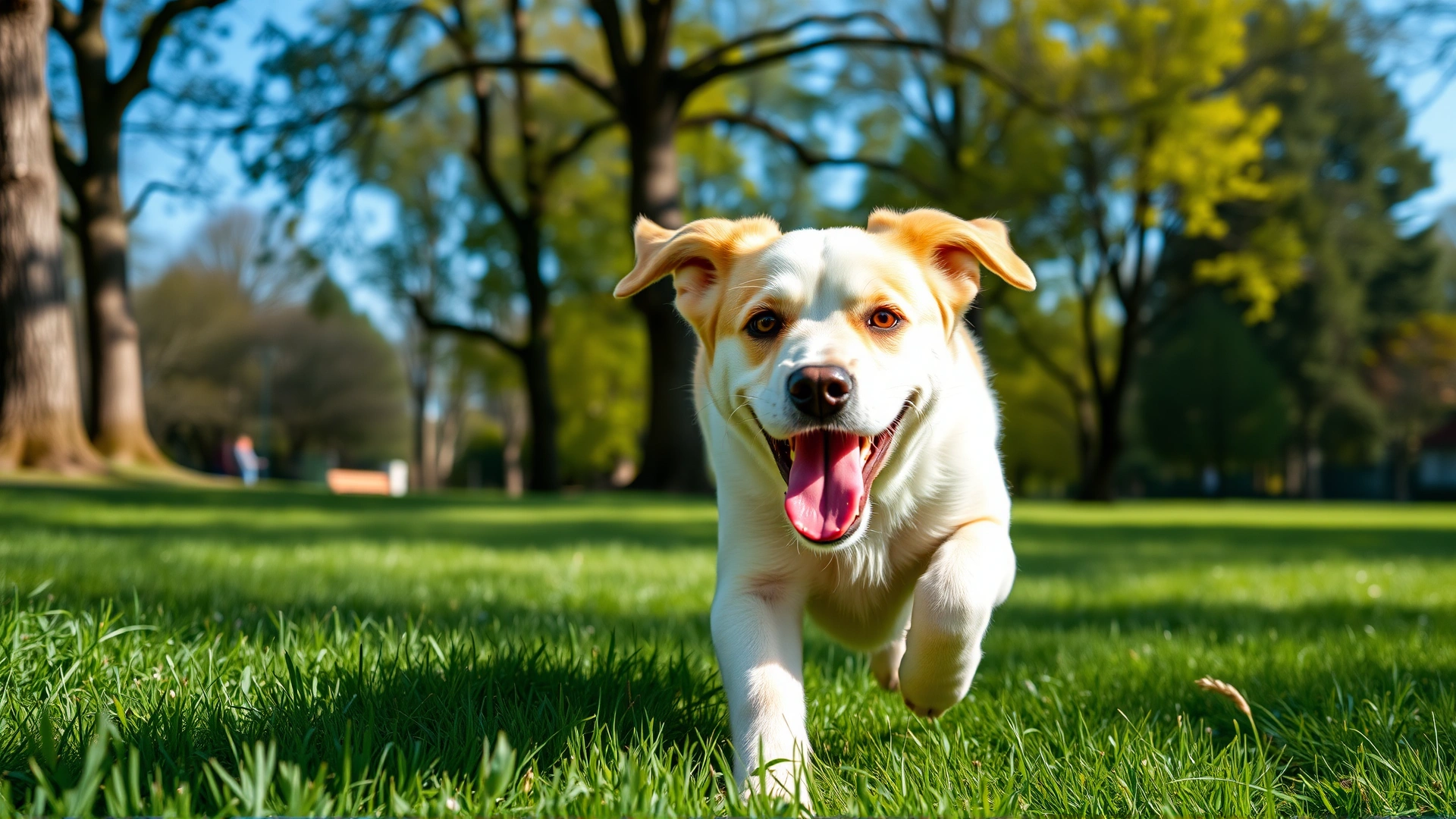 Happy, healthy dog running through a sunny park with green grass and trees, capturing vitality and wellbeing.
