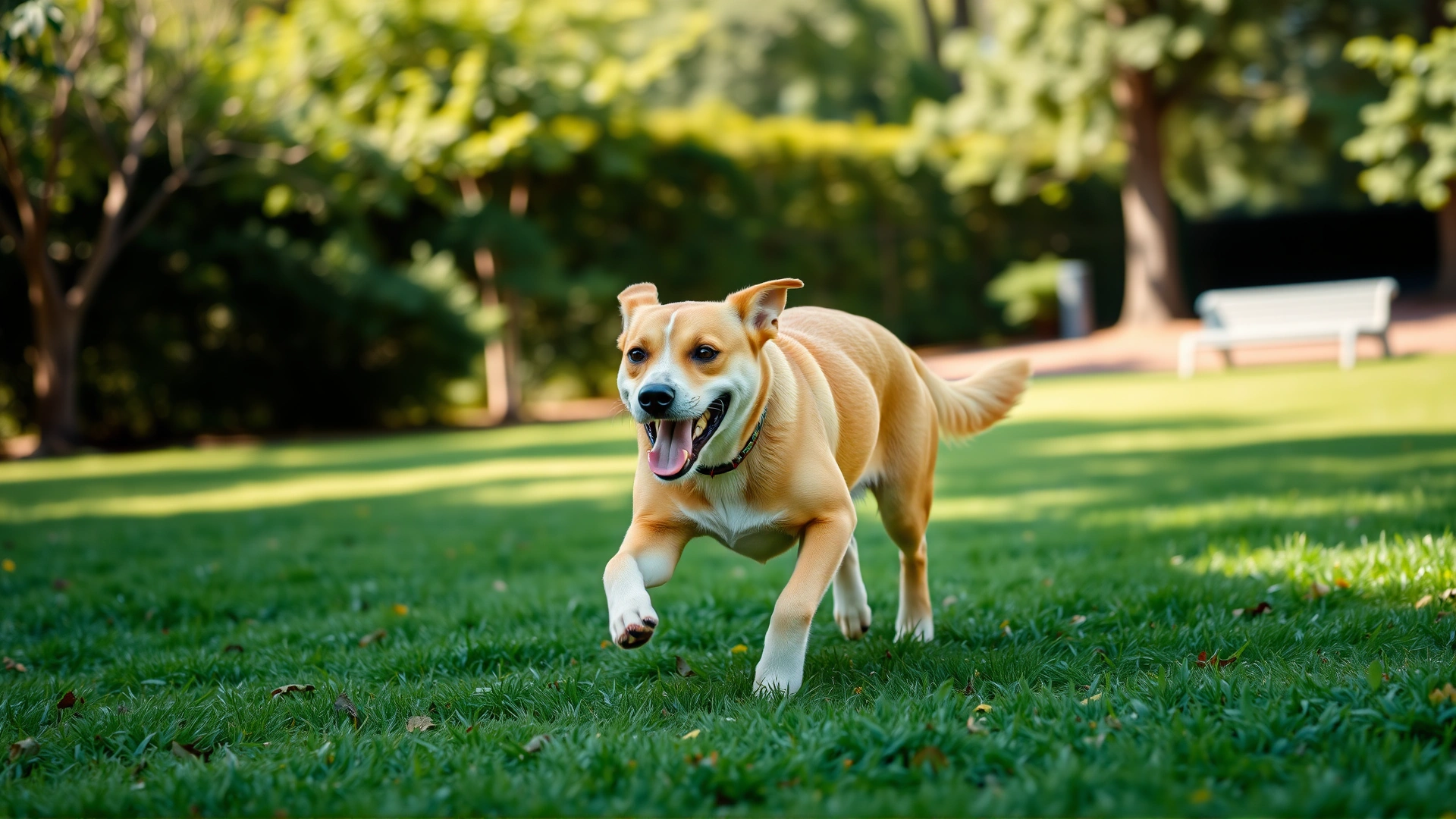 Happy energetic dog running in a green park on a sunny day, showcasing improved health