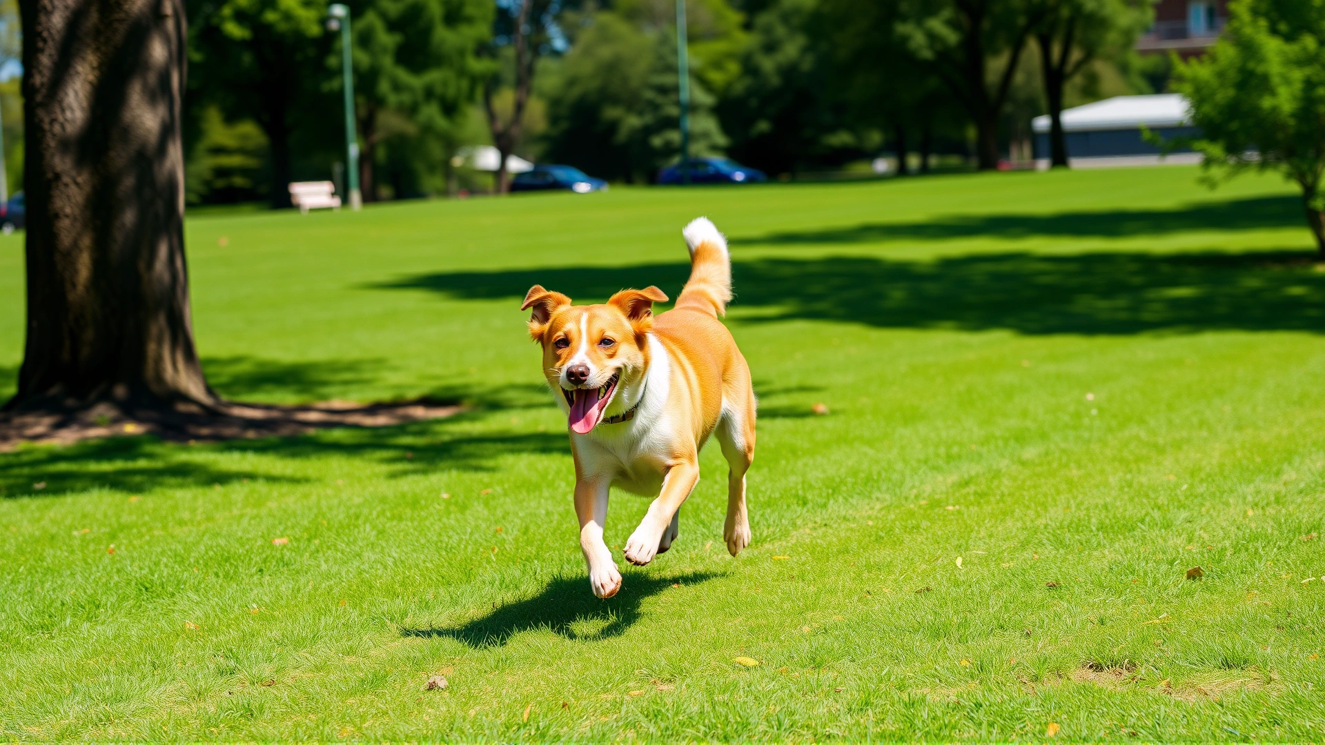 Energetic mixed-breed dog running joyfully in a green park on a sunny day, motion freeze, high-resolution, no text.