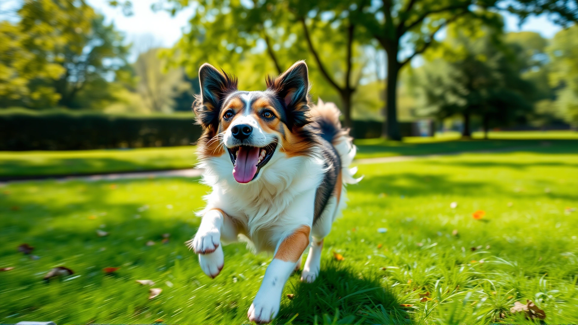 Happy medium-sized dog running freely in a sunny green park, motion blur on background, vibrant colors, no text